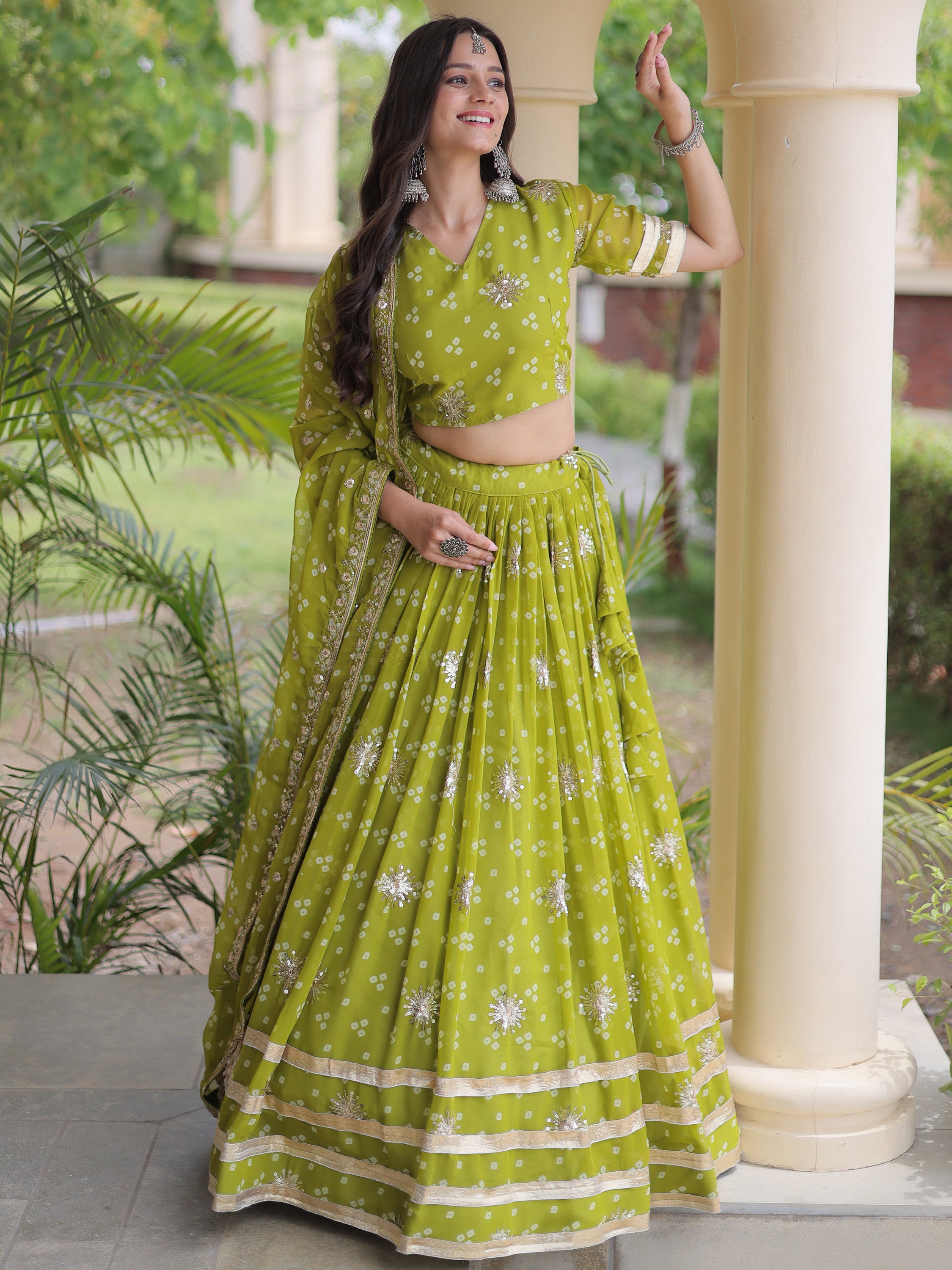 Rich Parrot Green Printed Georgette Navratri Lehenga Choli With Dupatta