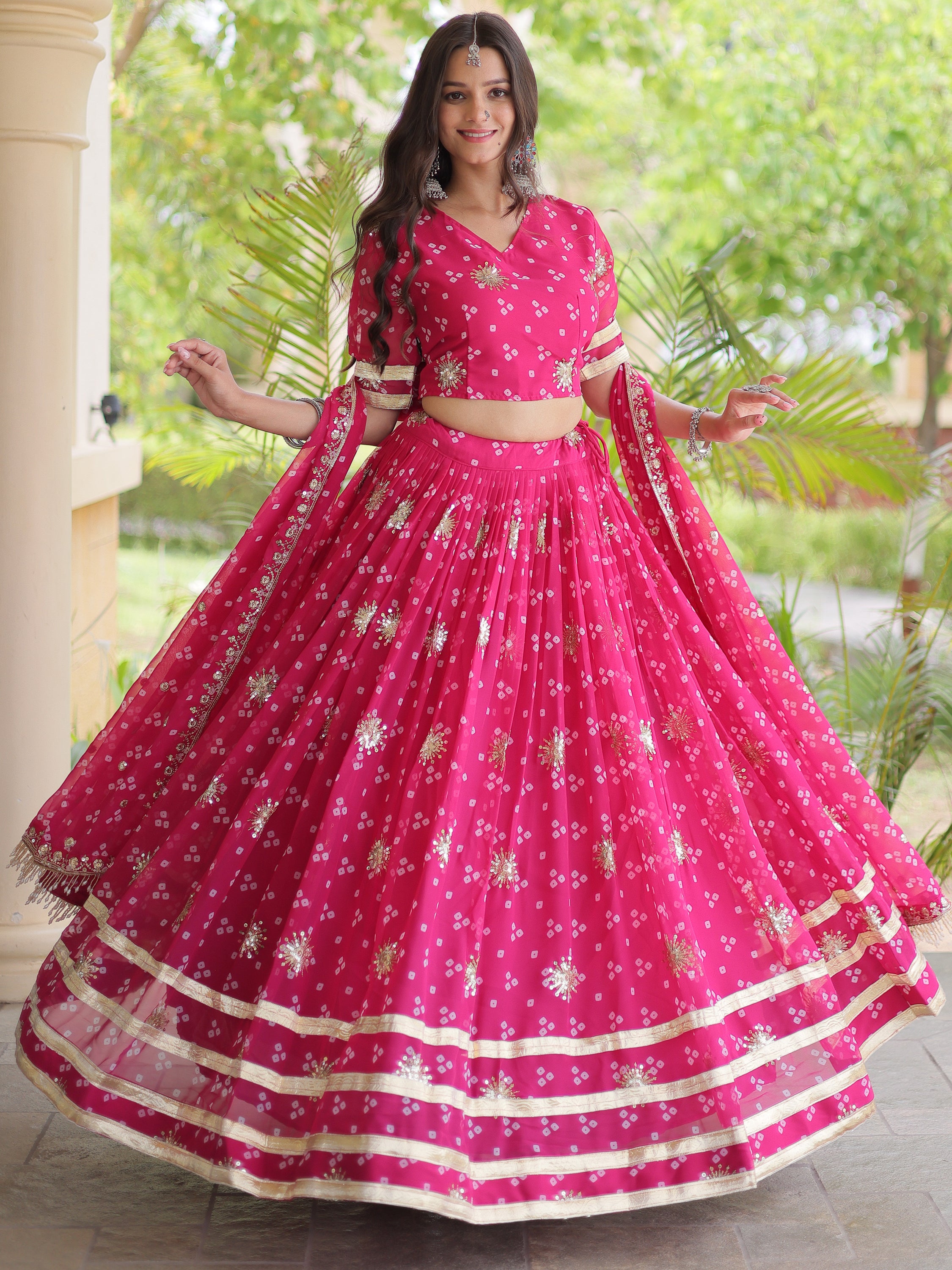 Great Pink Sequins Georgette Navratri Wear Lehenga Choli With Dupatta