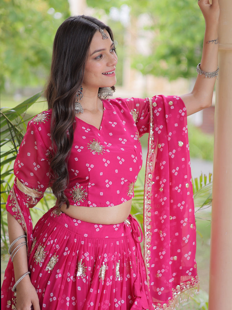 Great Pink Sequins Georgette Navratri Wear Lehenga Choli With Dupatta