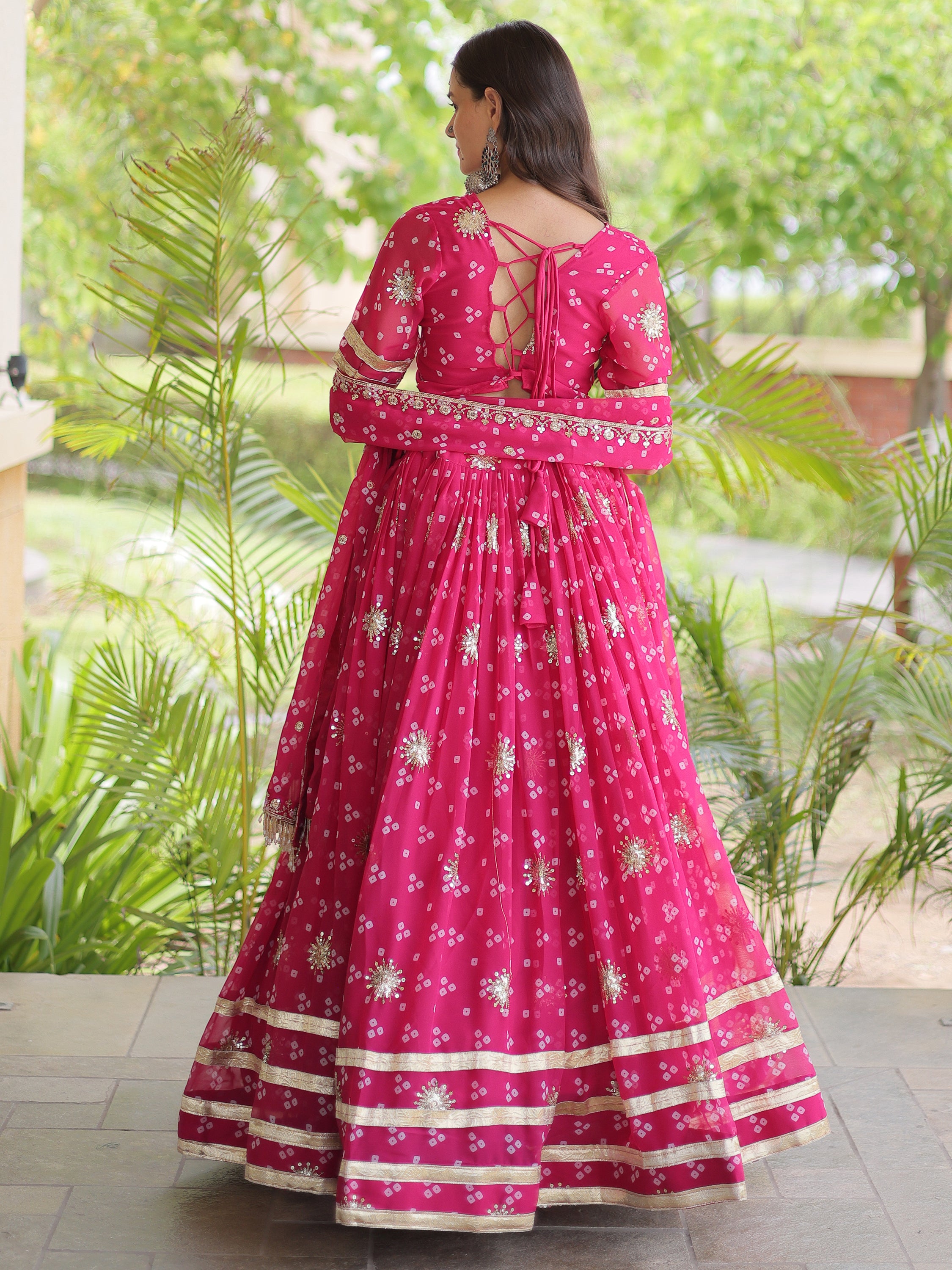 Great Pink Sequins Georgette Navratri Wear Lehenga Choli With Dupatta