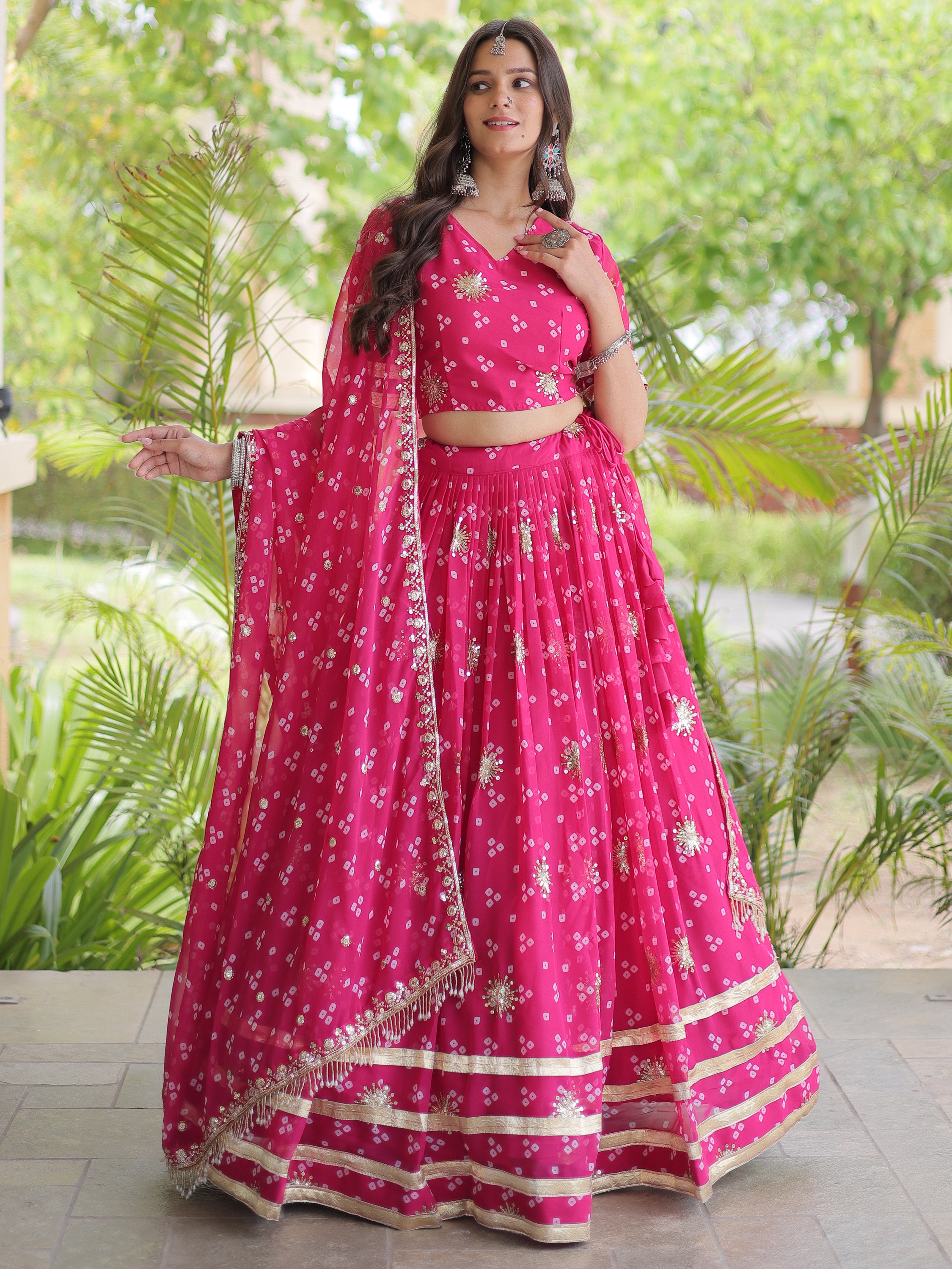Great Pink Sequins Georgette Navratri Wear Lehenga Choli With Dupatta