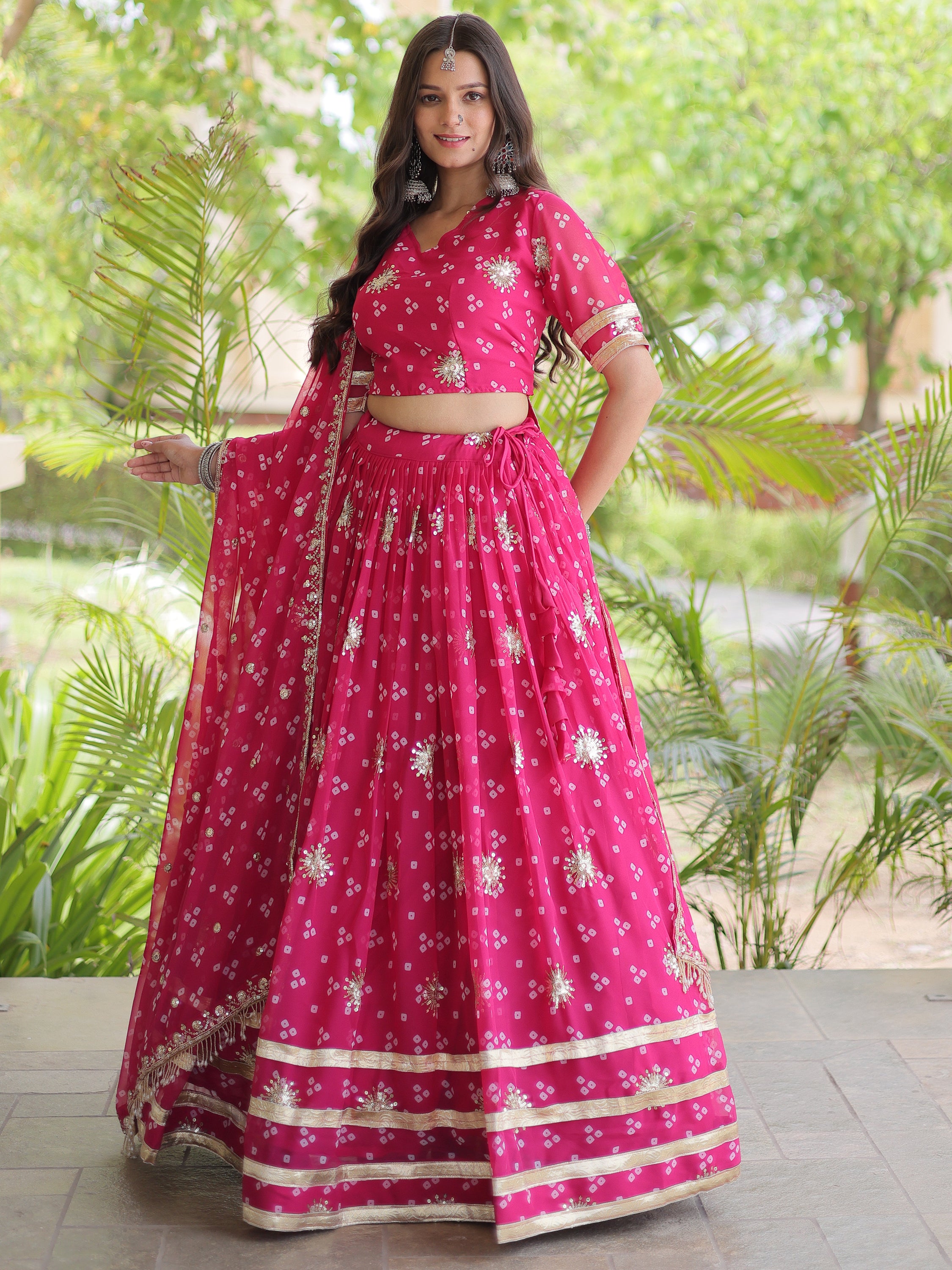 Great Pink Sequins Georgette Navratri Wear Lehenga Choli With Dupatta