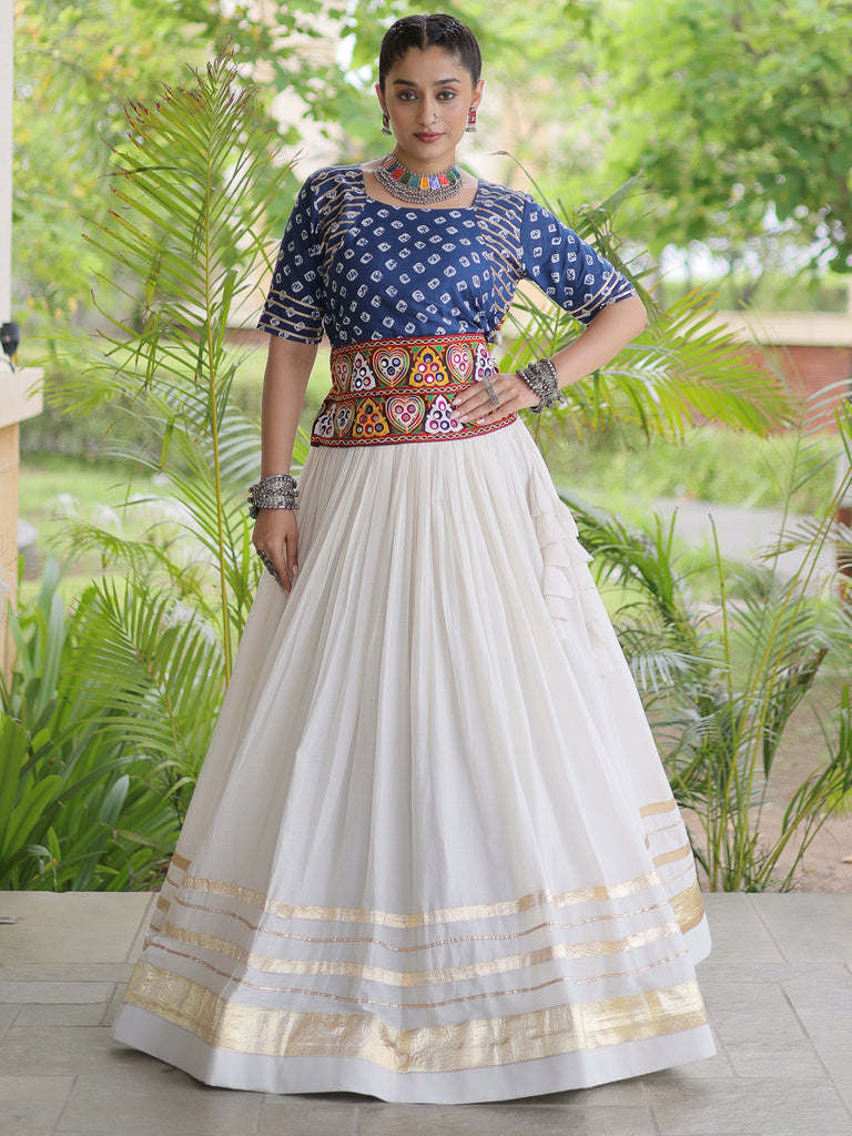Beautiful Blue Cotton Navratri Wear Lehenga With Bandhej Printed Choli