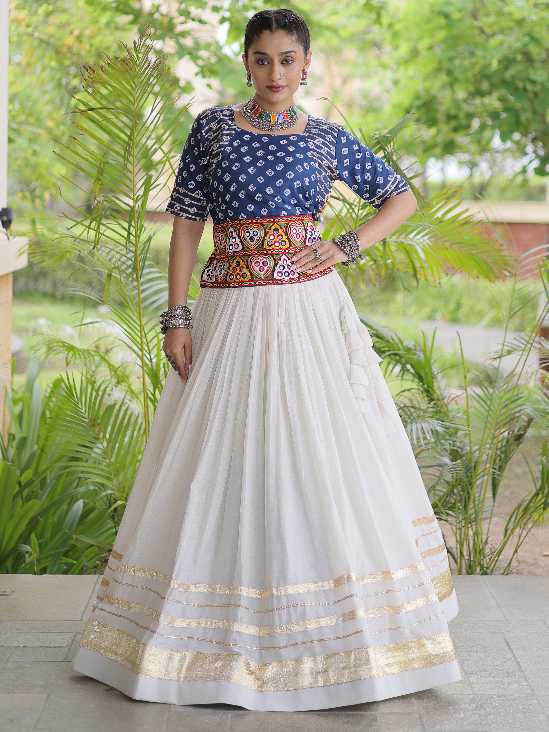 Beautiful Blue Cotton Navratri Wear Lehenga With Bandhej Printed Choli