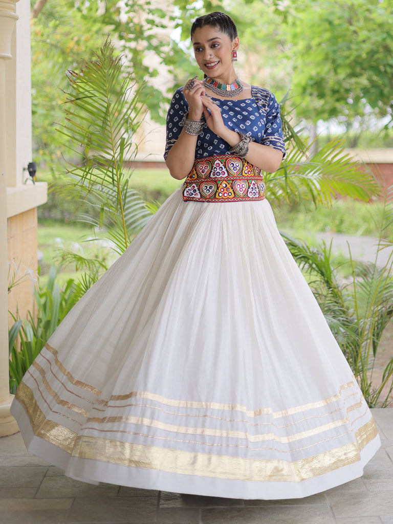 Beautiful Blue Cotton Navratri Wear Lehenga With Bandhej Printed Choli