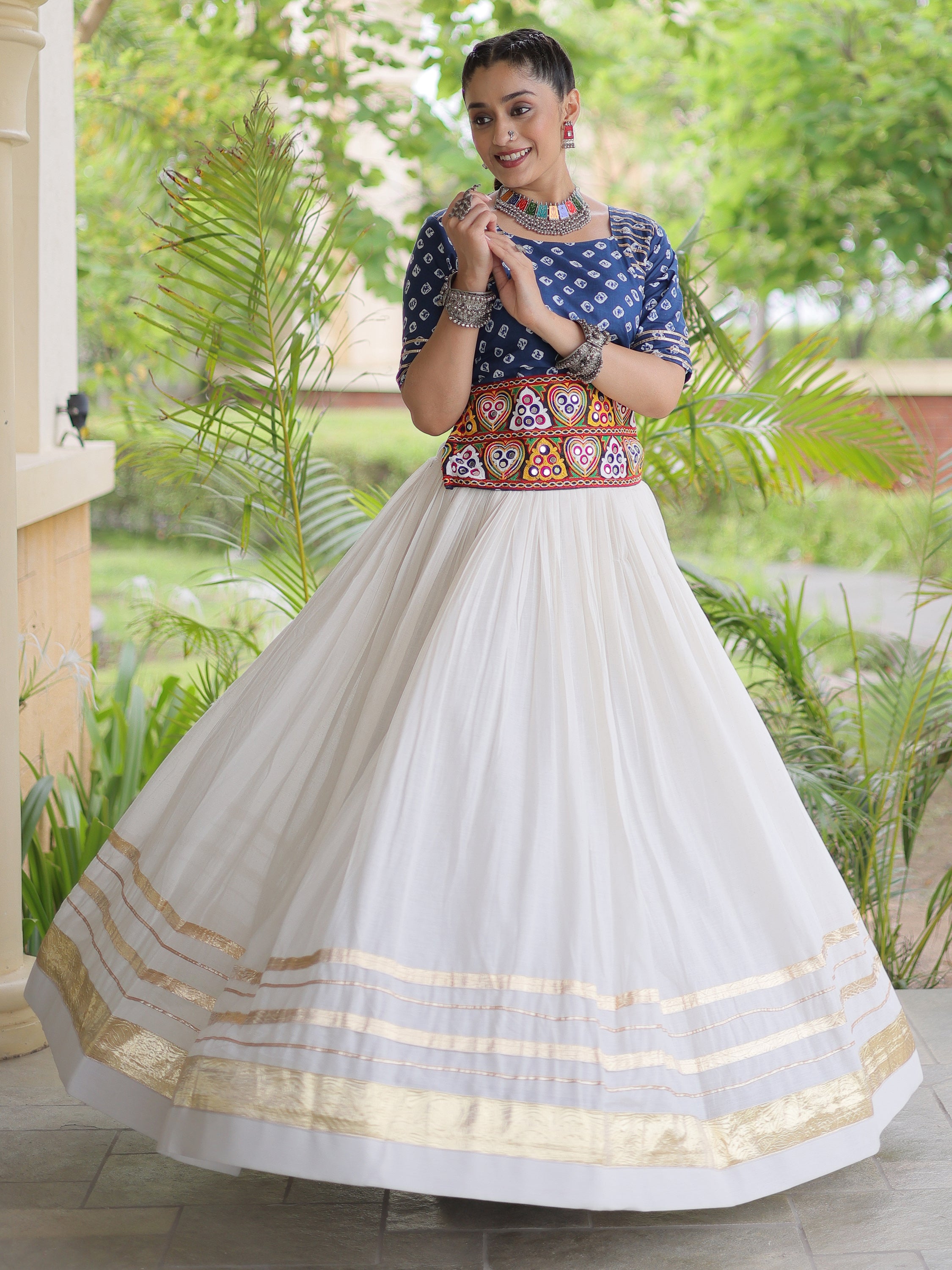 Beautiful Blue Cotton Navratri Wear Lehenga With Bandhej Printed Choli