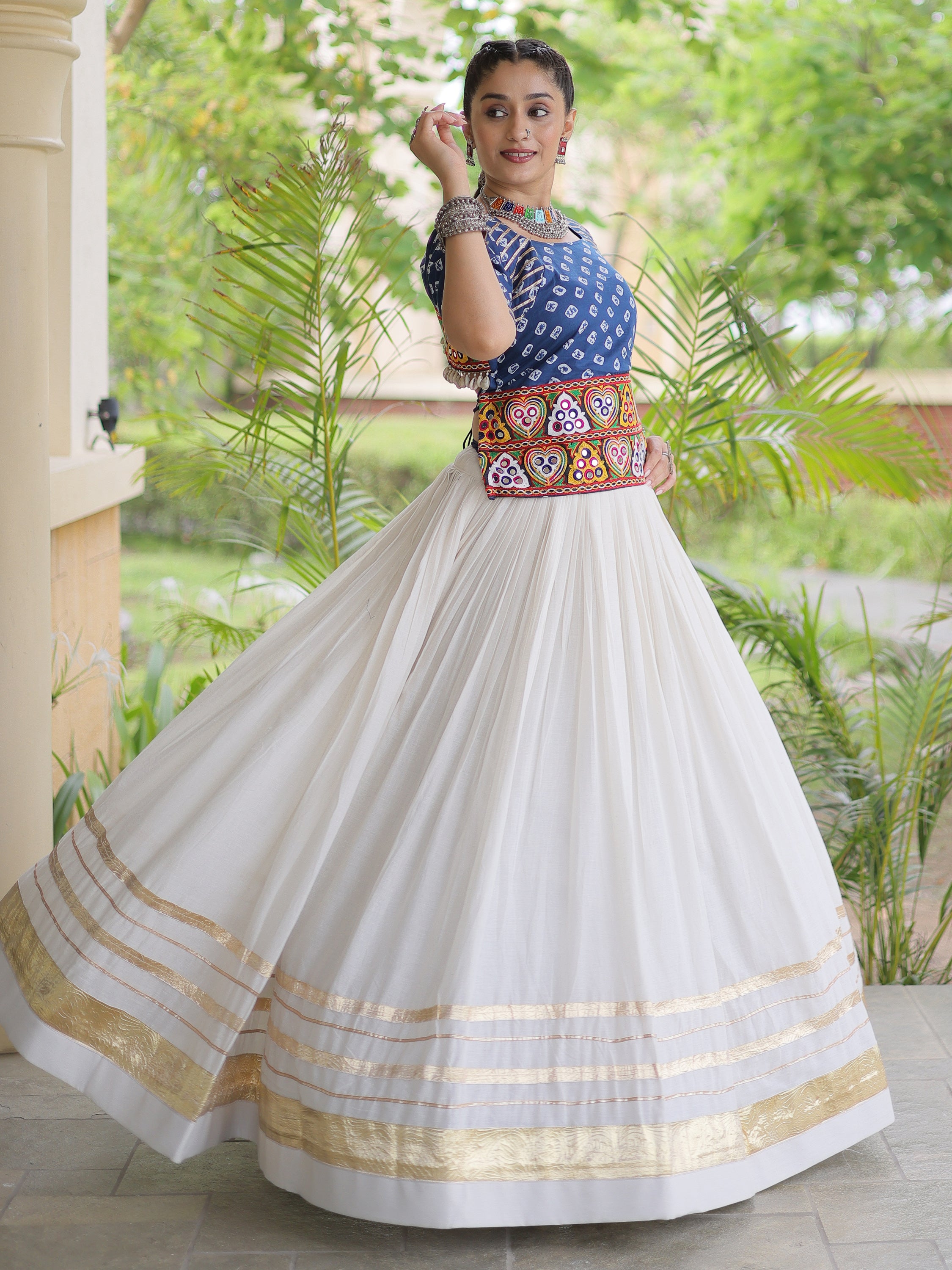 Beautiful Blue Cotton Navratri Wear Lehenga With Bandhej Printed Choli