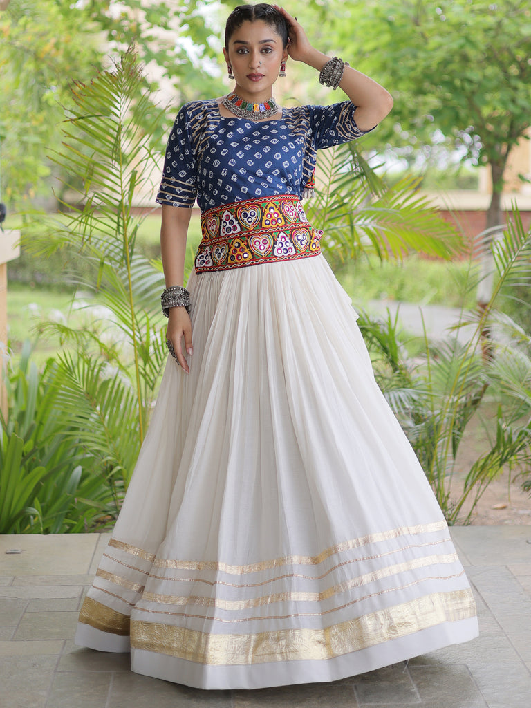 Beautiful Blue Cotton Navratri Wear Lehenga With Bandhej Printed Choli