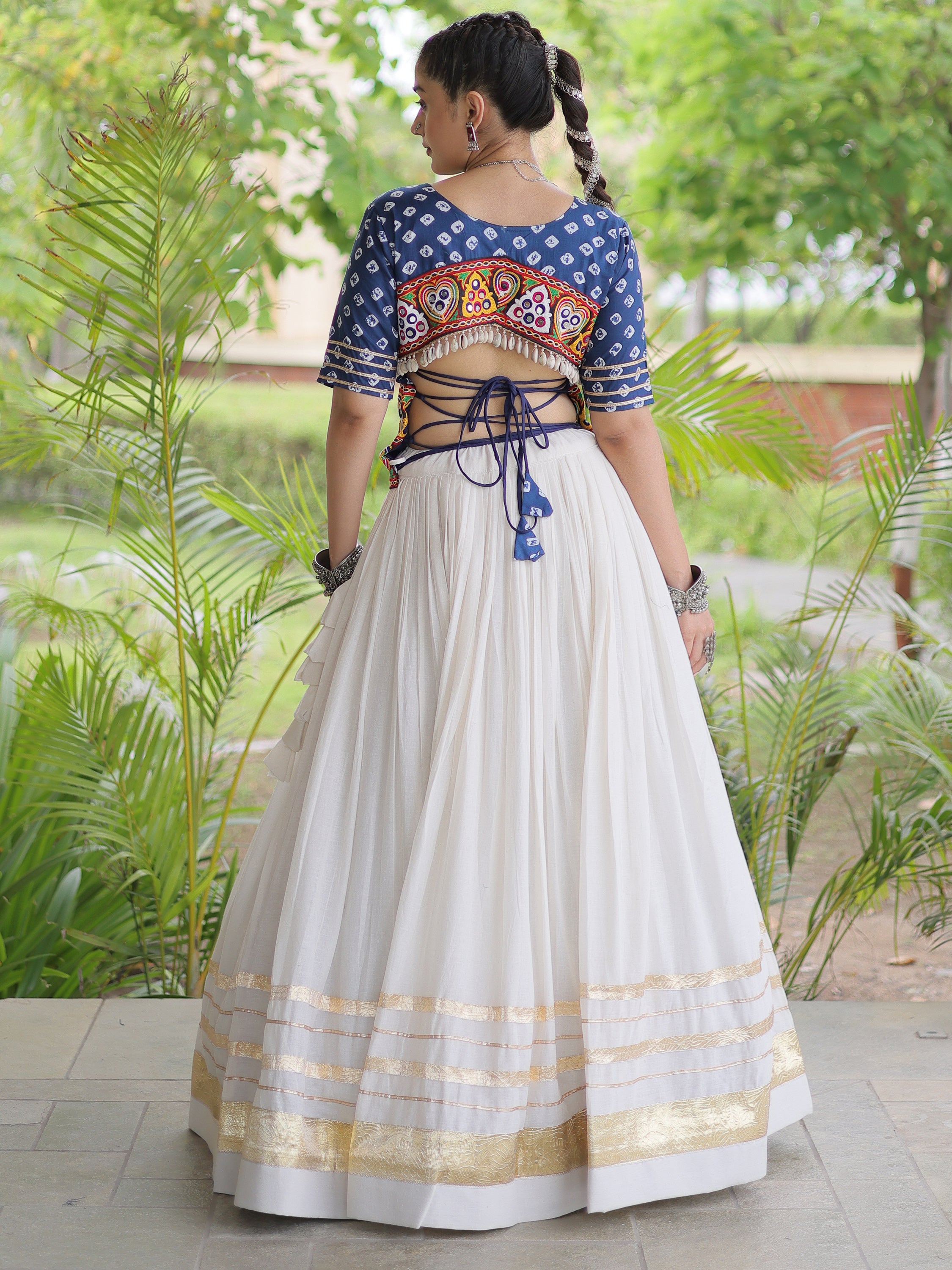 Beautiful Blue Cotton Navratri Wear Lehenga With Bandhej Printed Choli