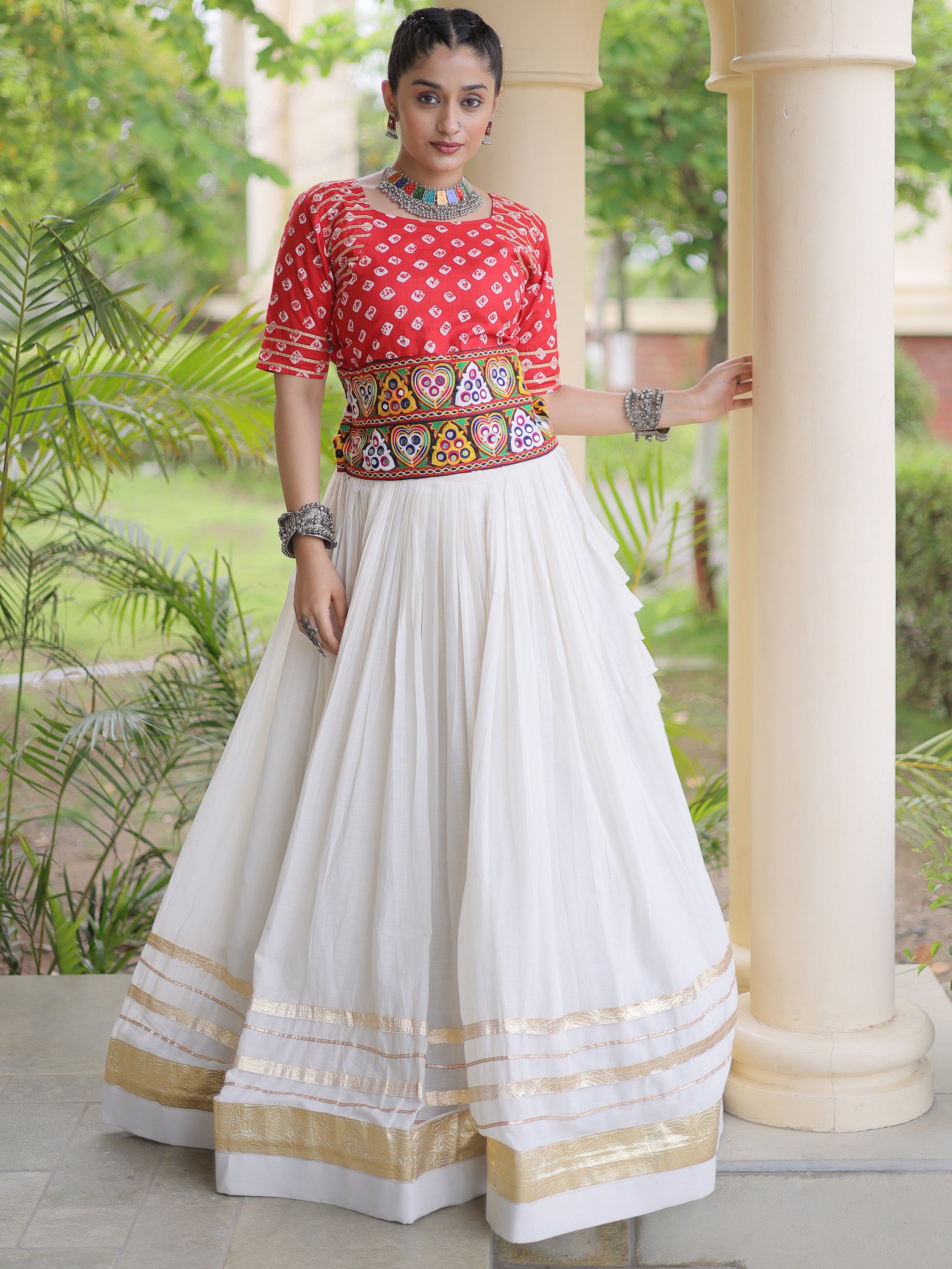 Aesthetics Red Cotton Navratri Special Lehenga With Gamthi Laced Choli