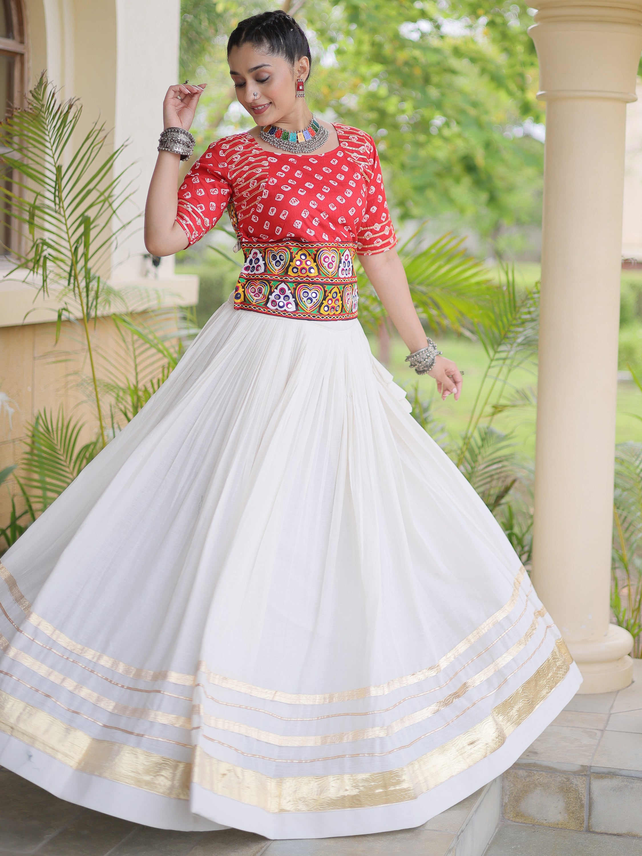 Aesthetics Red Cotton Navratri Special Lehenga With Gamthi Laced Choli