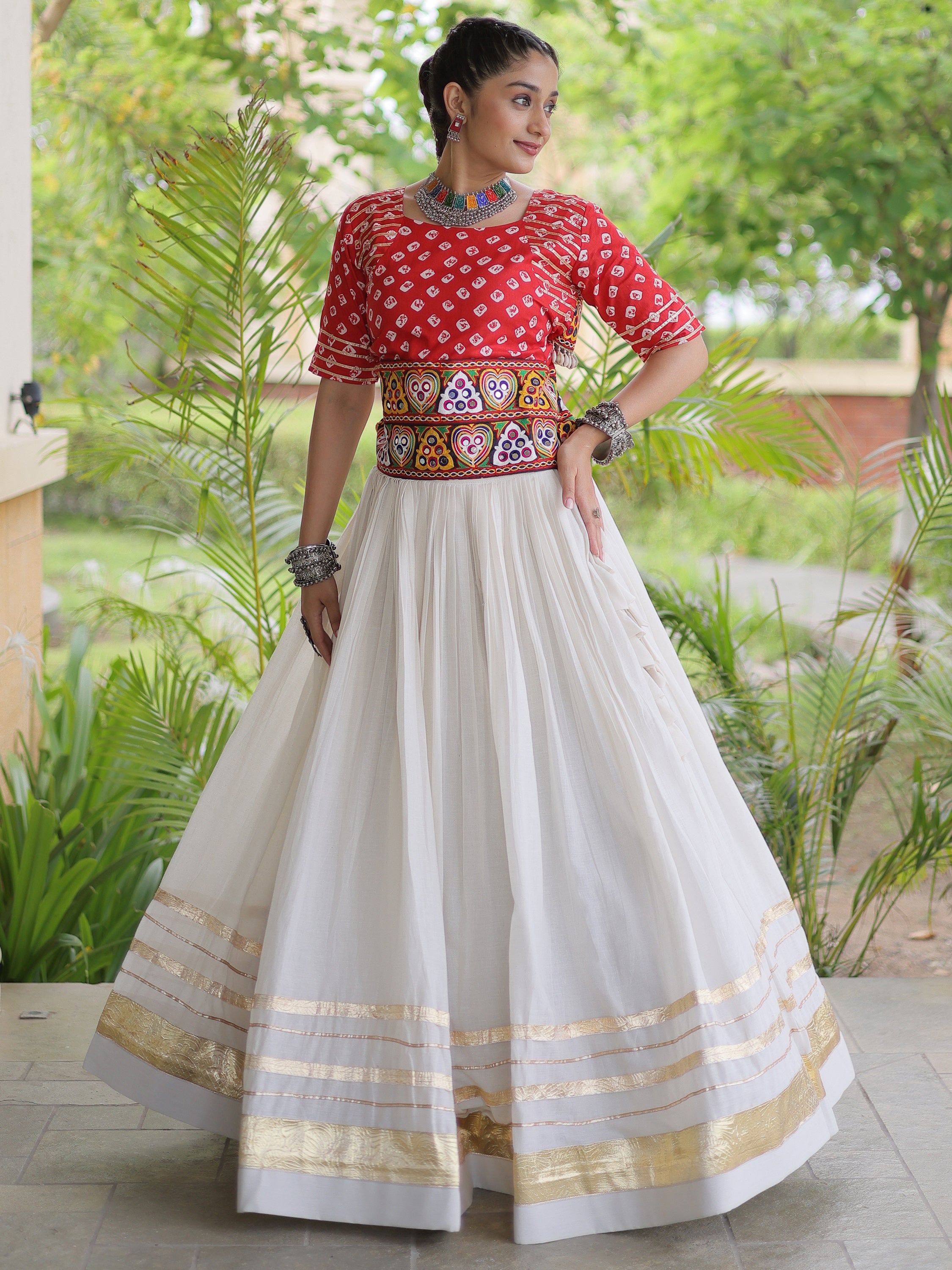 Aesthetics Red Cotton Navratri Special Lehenga With Gamthi Laced Choli
