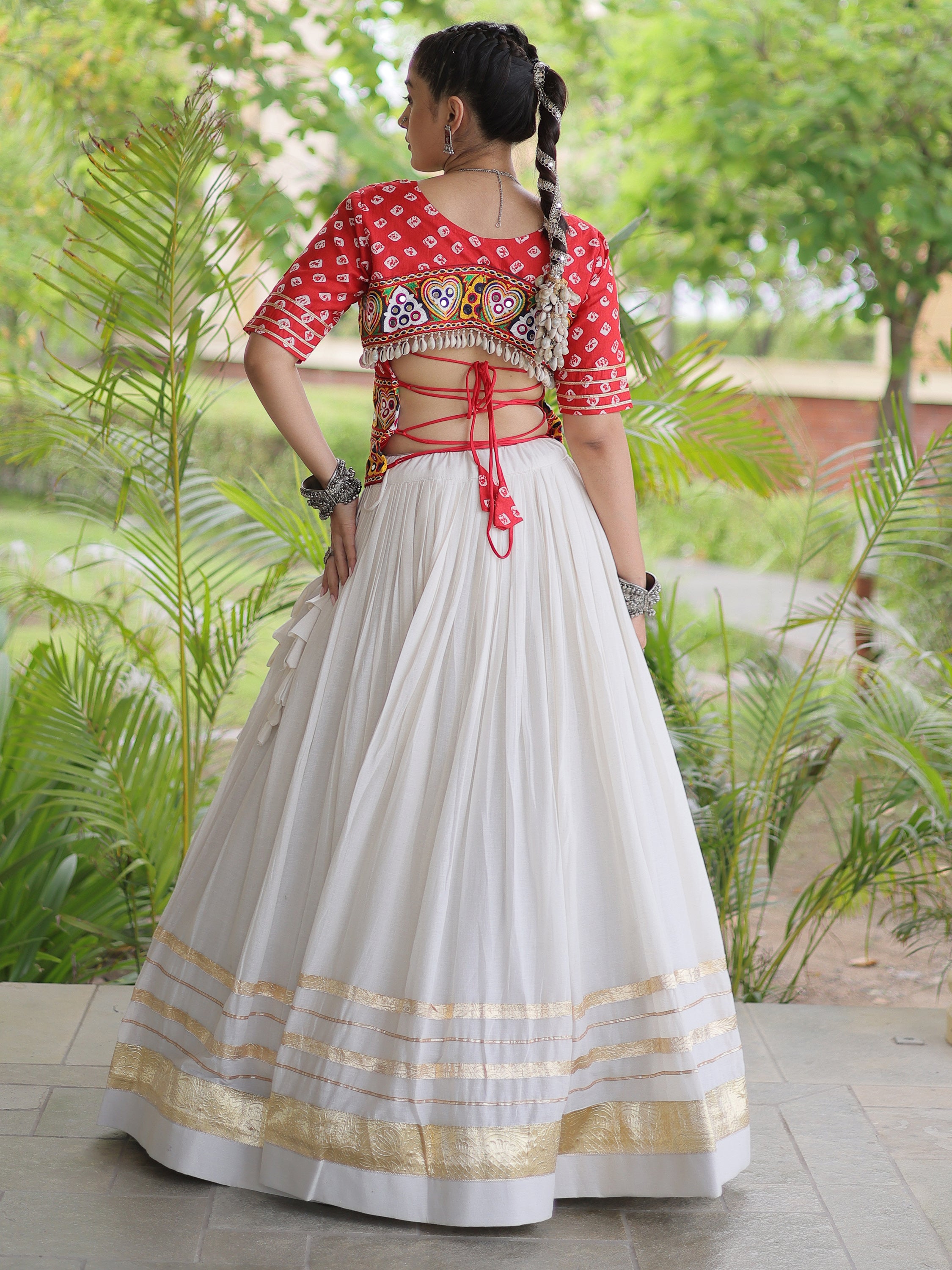 Aesthetics Red Cotton Navratri Special Lehenga With Gamthi Laced Choli