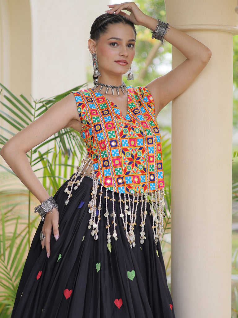 Excellent Black Thread Work Cotton Navratri Special Lehenga Choli