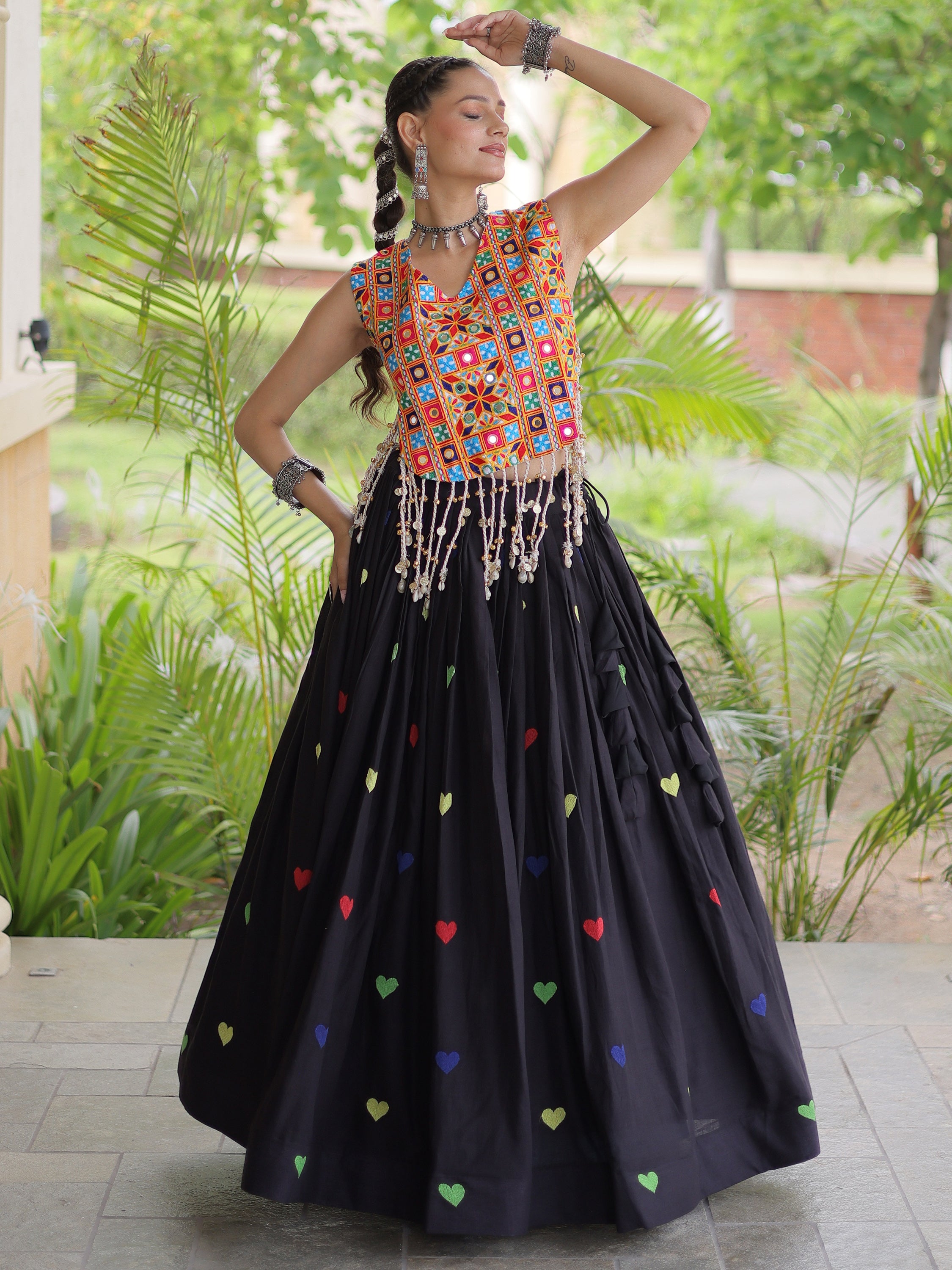 Excellent Black Thread Work Cotton Navratri Special Lehenga Choli