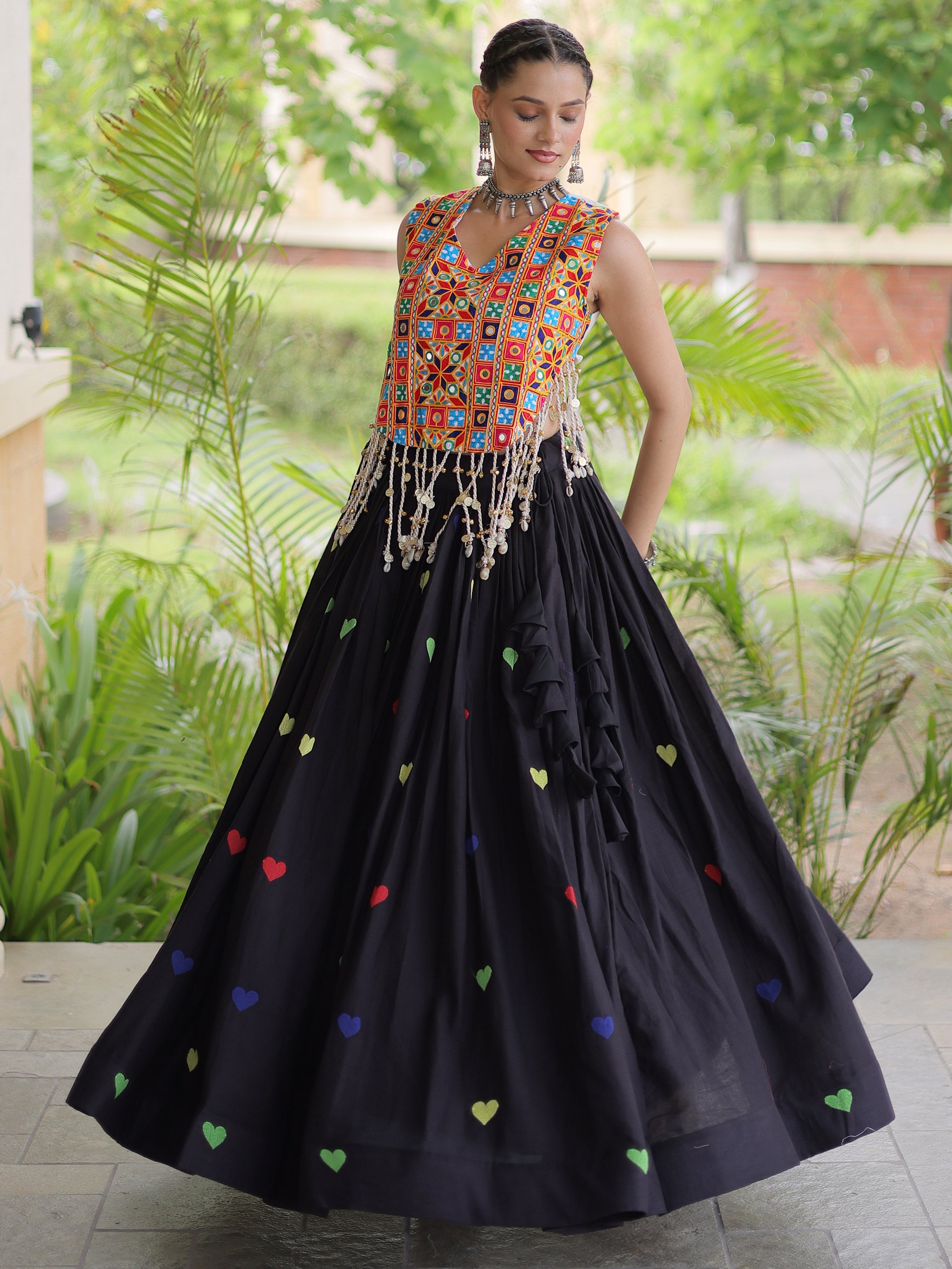 Excellent Black Thread Work Cotton Navratri Special Lehenga Choli