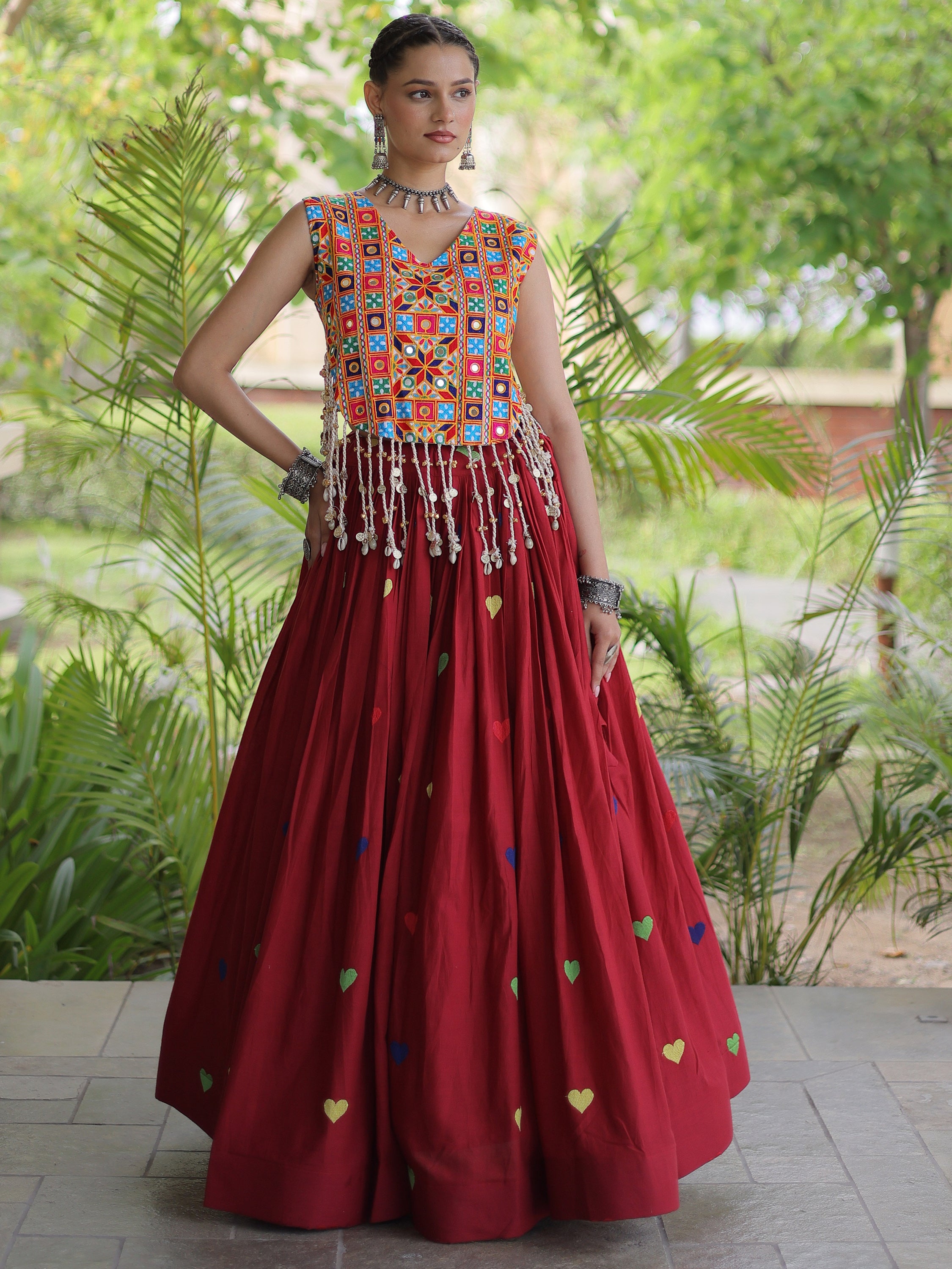 Marvelous Maroon Mirror Work Cotton Navratri Wear Lehenga Choli