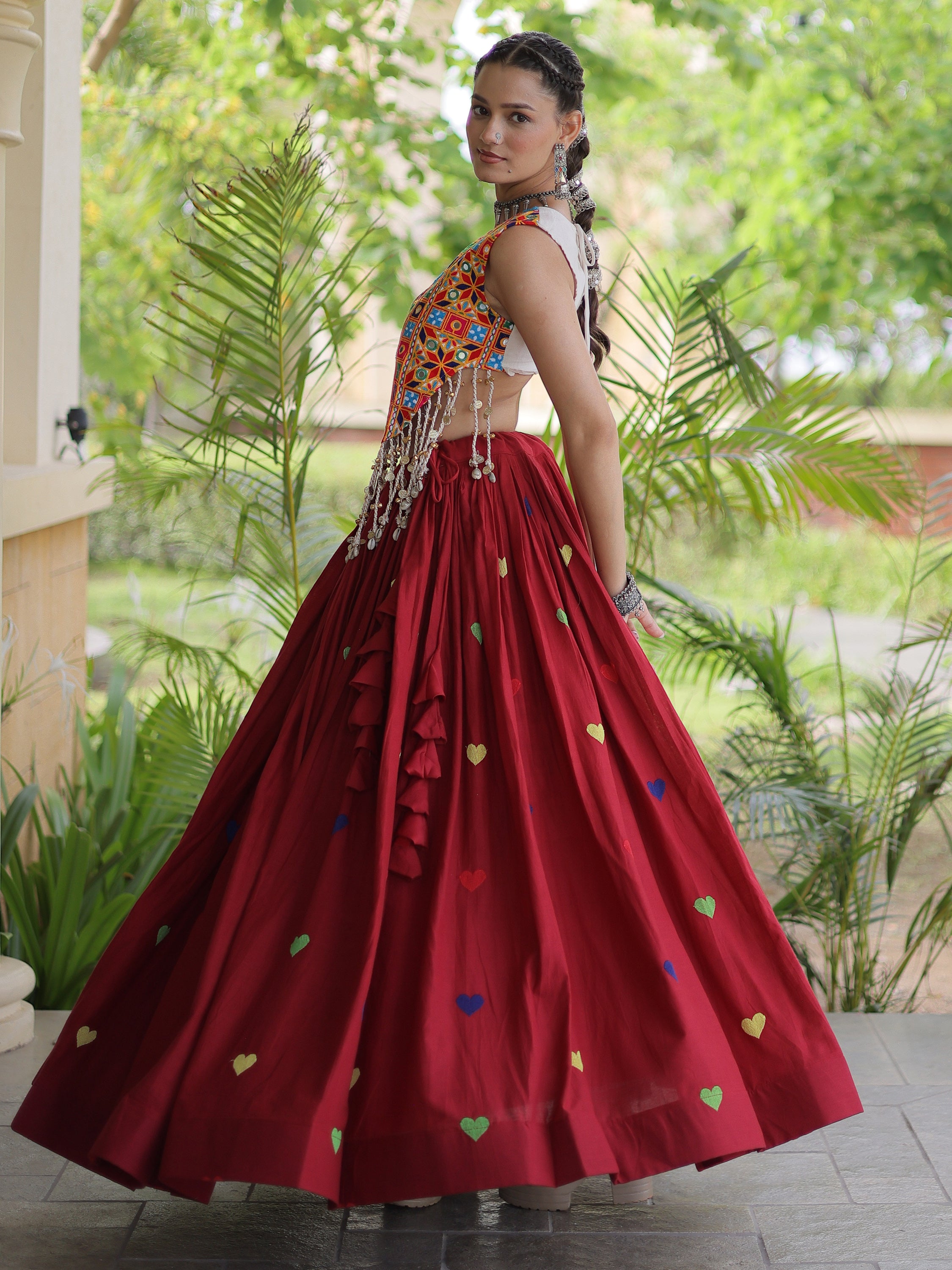 Marvelous Maroon Mirror Work Cotton Navratri Wear Lehenga Choli