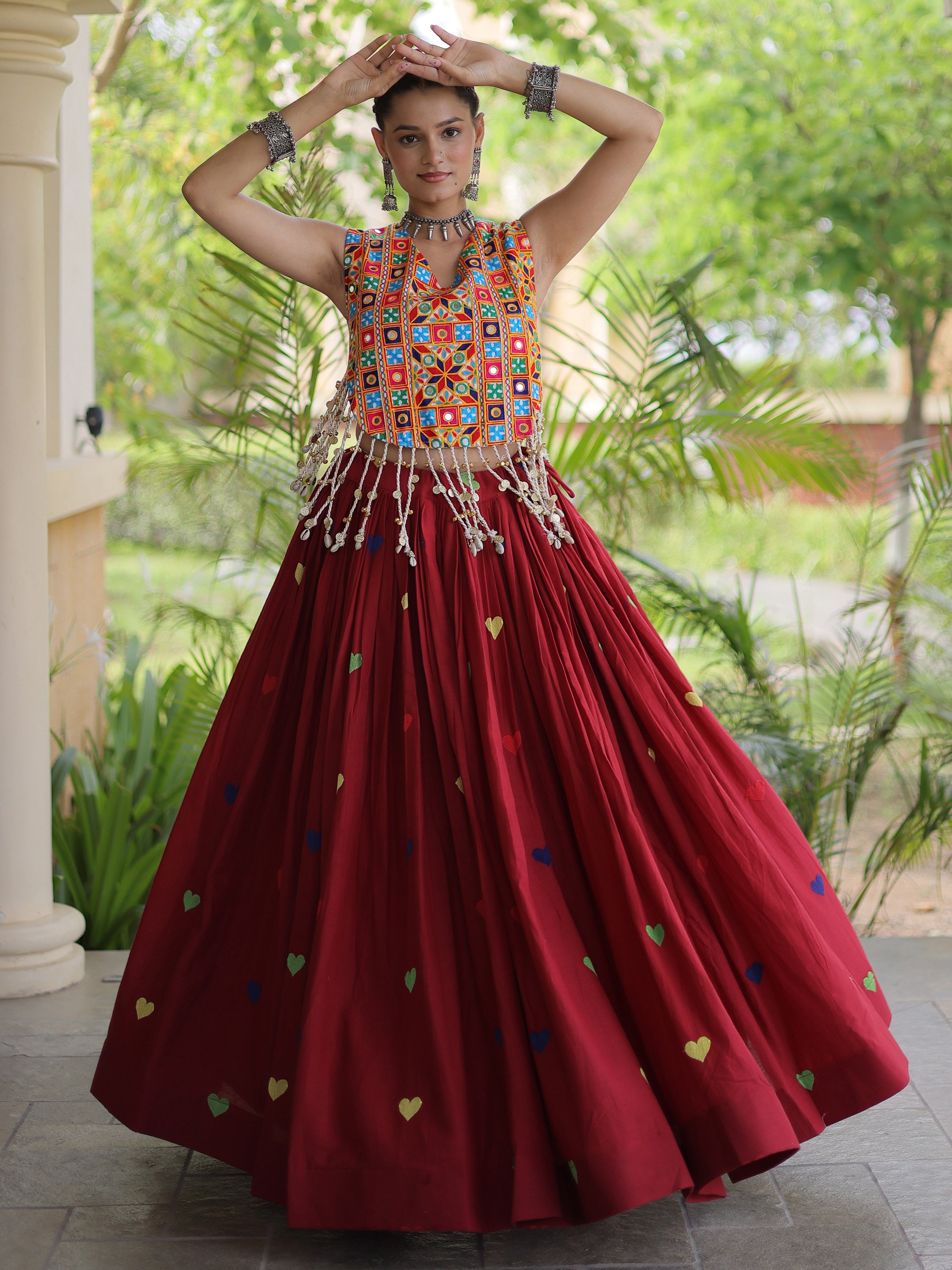 Marvelous Maroon Mirror Work Cotton Navratri Wear Lehenga Choli