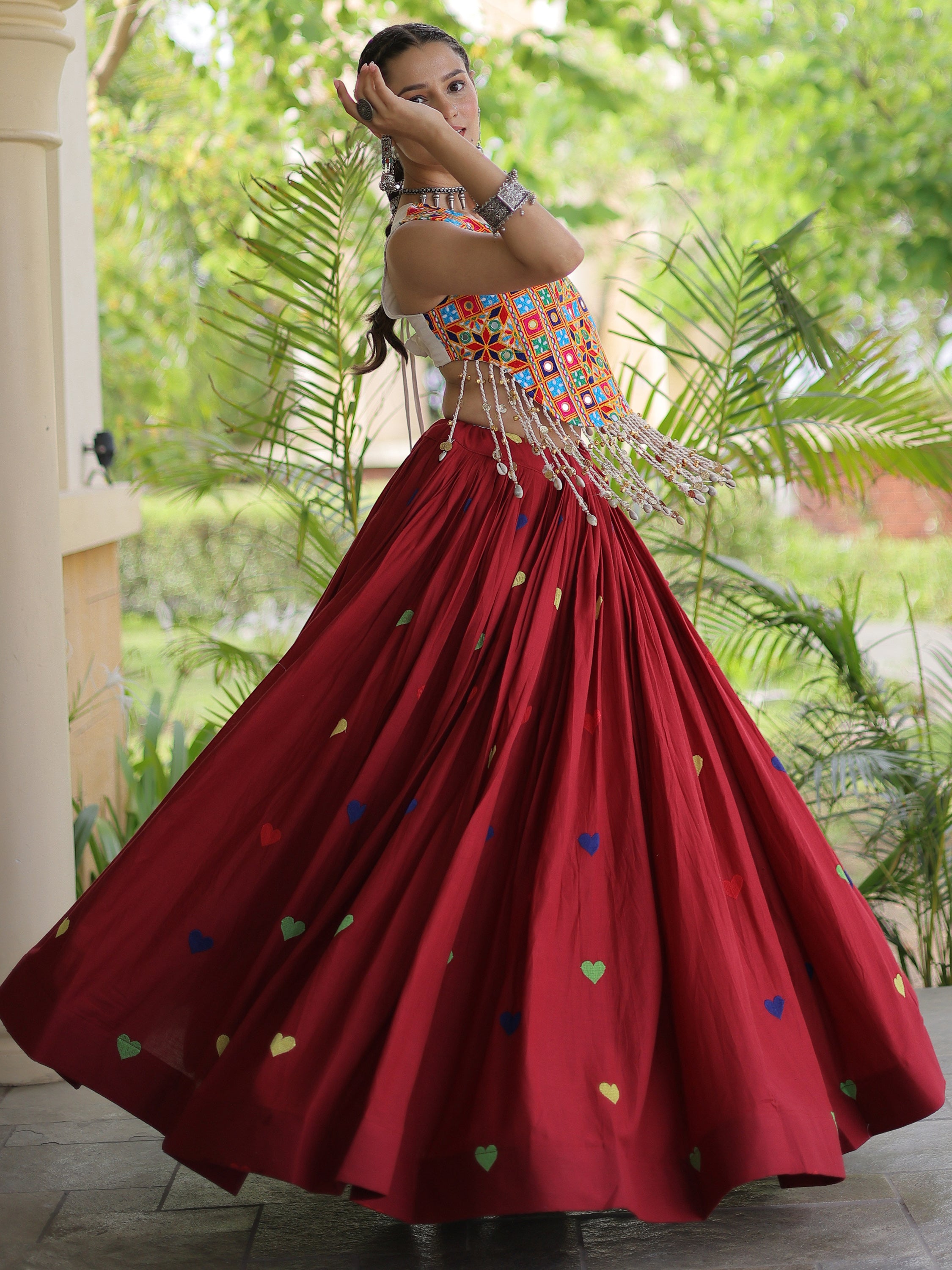 Marvelous Maroon Mirror Work Cotton Navratri Wear Lehenga Choli