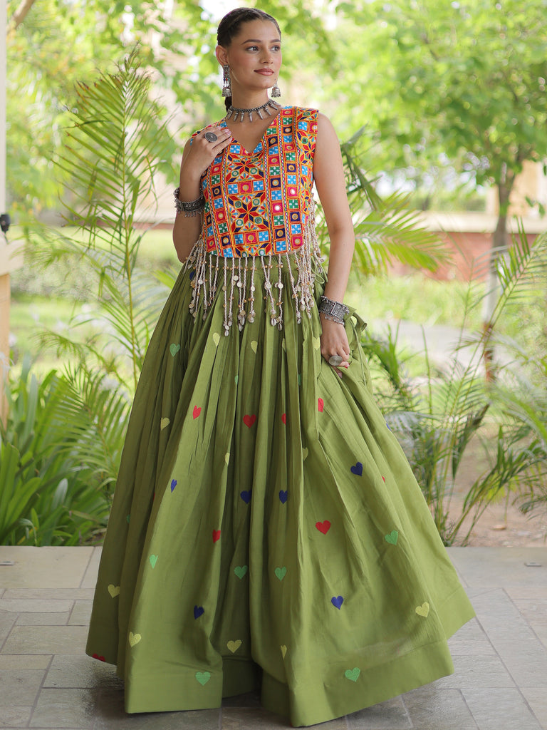 Splendid Green Mirror Work Cotton Navratri Wear Lehenga Choli