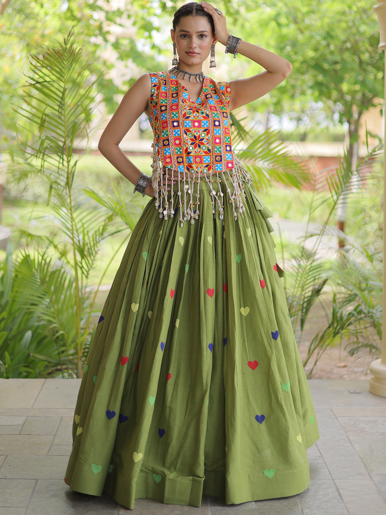Splendid Green Mirror Work Cotton Navratri Wear Lehenga Choli