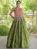 Splendid Green Mirror Work Cotton Navratri Wear Lehenga Choli