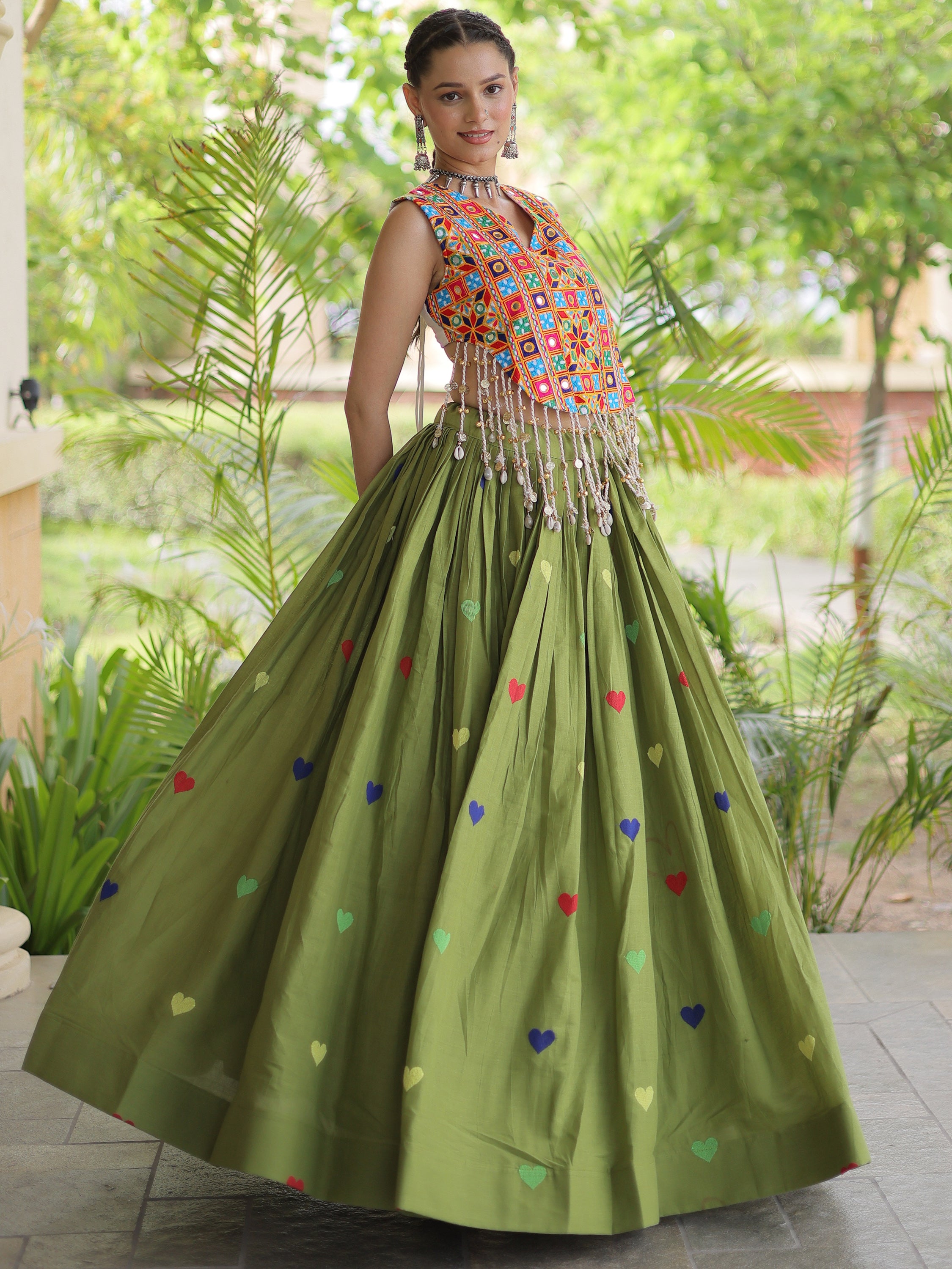 Splendid Green Mirror Work Cotton Navratri Wear Lehenga Choli
