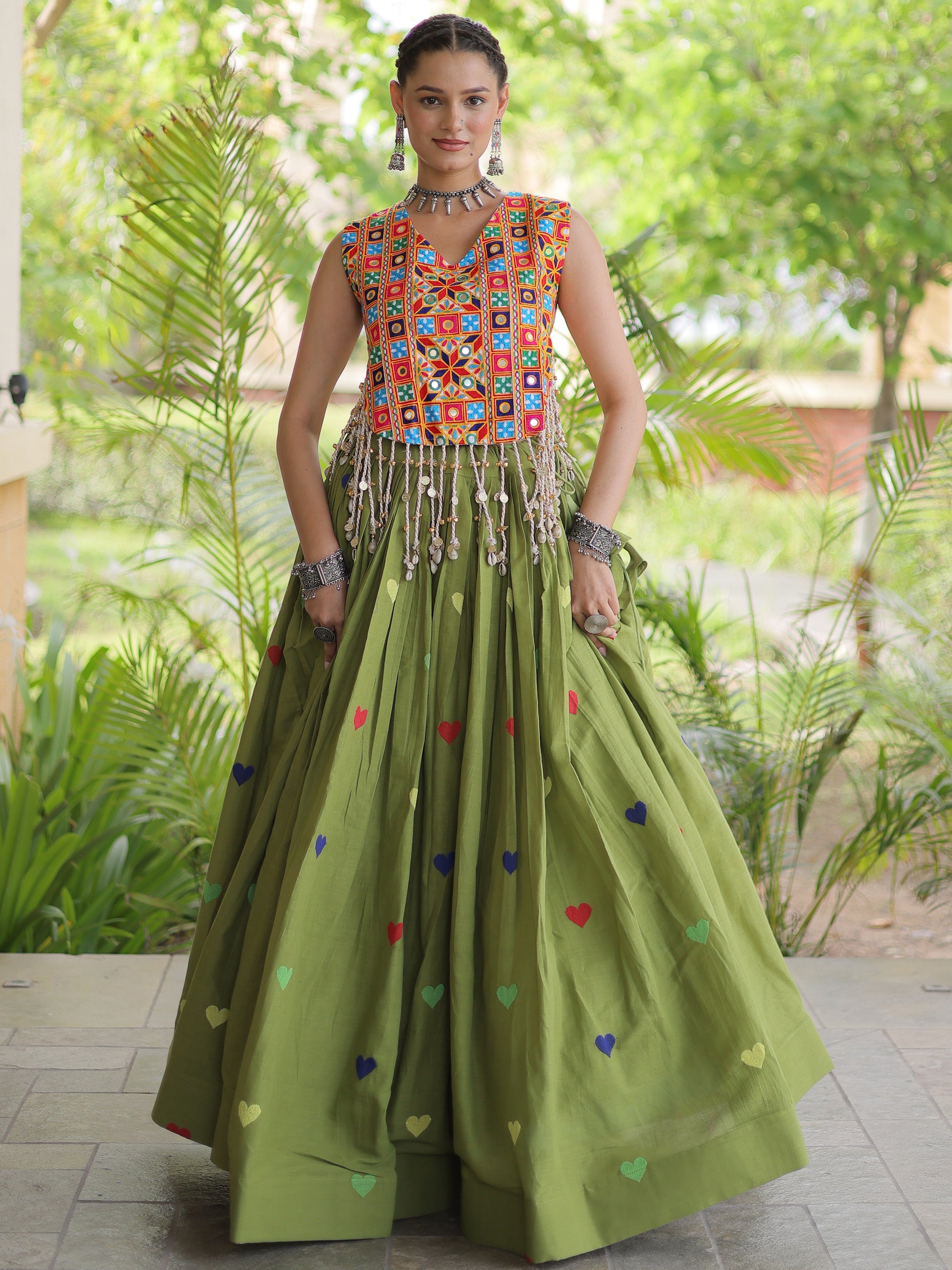 Splendid Green Mirror Work Cotton Navratri Wear Lehenga Choli