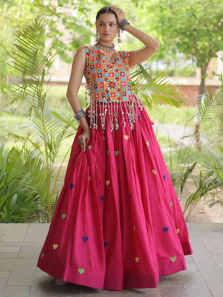 Magnificent Rani Pink Thread Work Cotton Navratri Wear Lehenga Choli
