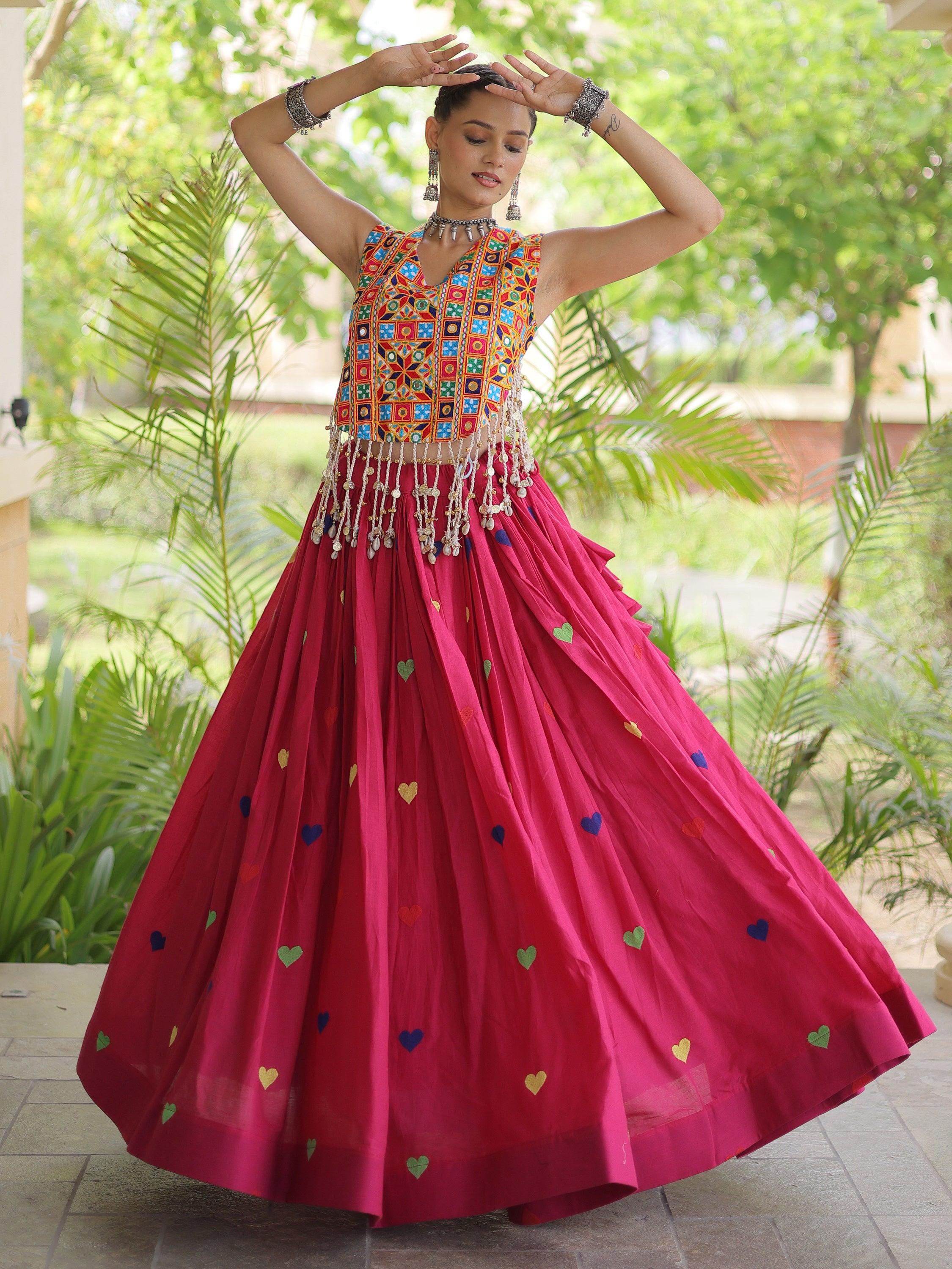 Magnificent Rani Pink Thread Work Cotton Navratri Wear Lehenga Choli