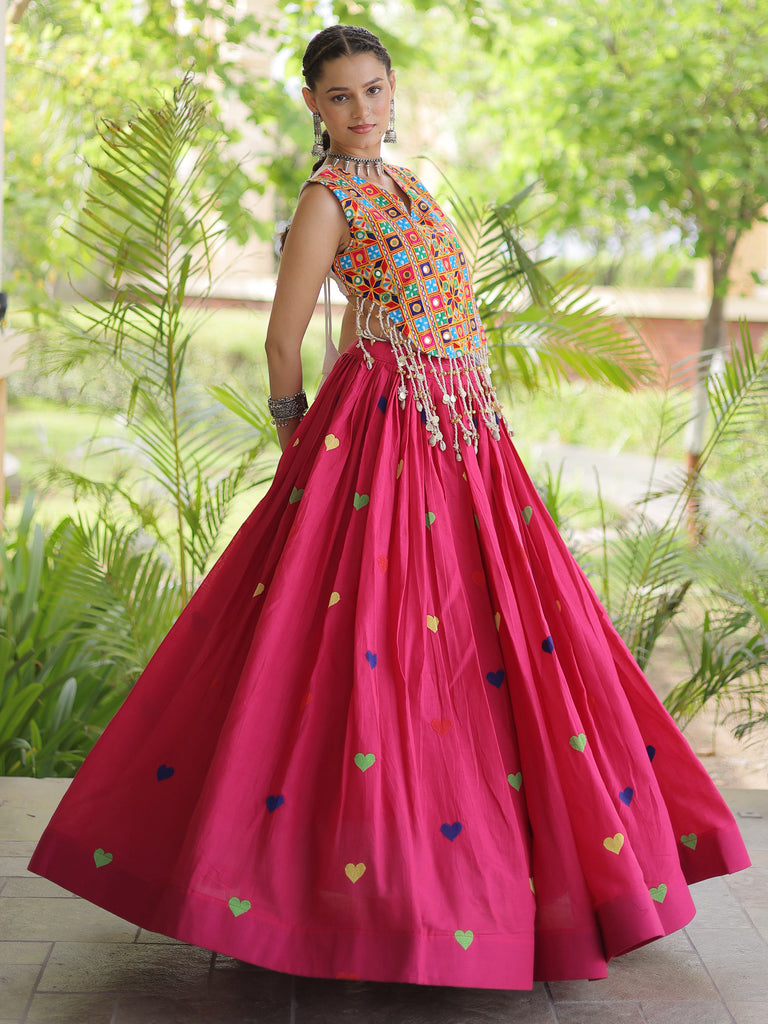 Magnificent Rani Pink Thread Work Cotton Navratri Wear Lehenga Choli