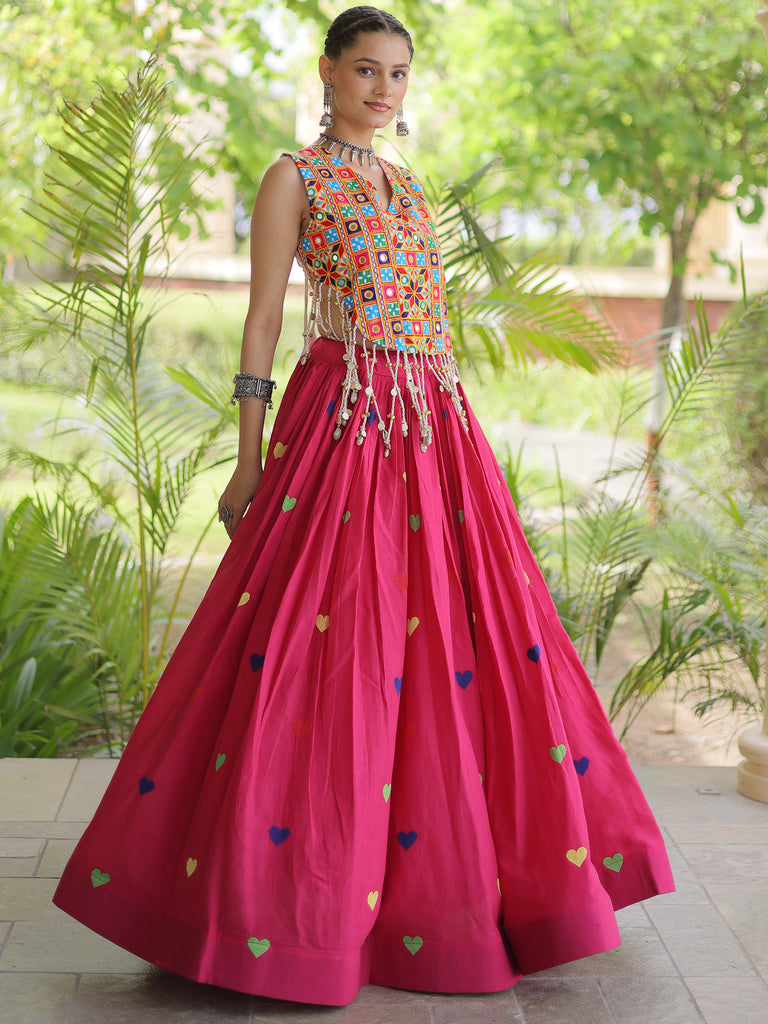 Magnificent Rani Pink Thread Work Cotton Navratri Wear Lehenga Choli