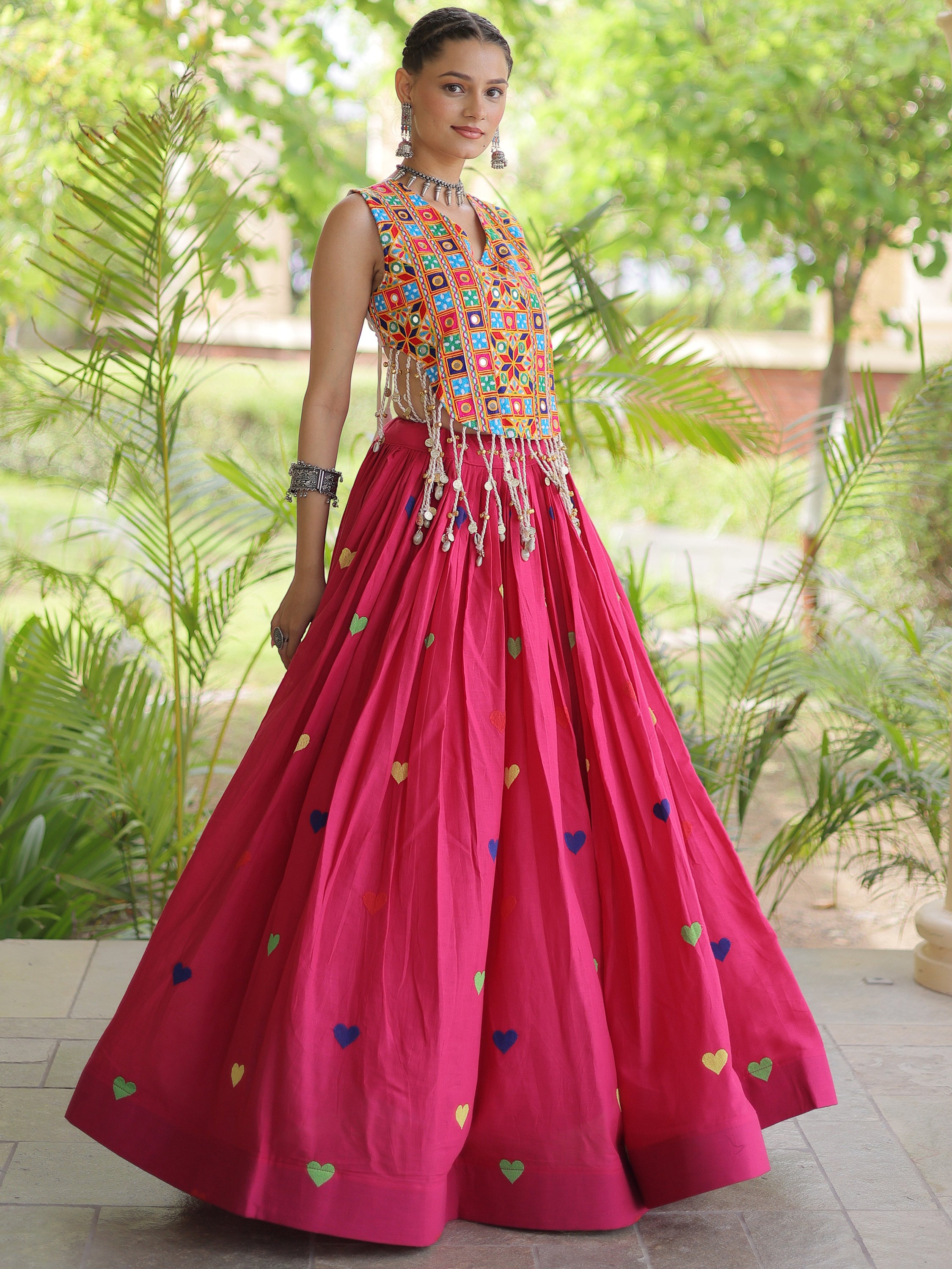 Magnificent Rani Pink Thread Work Cotton Navratri Wear Lehenga Choli