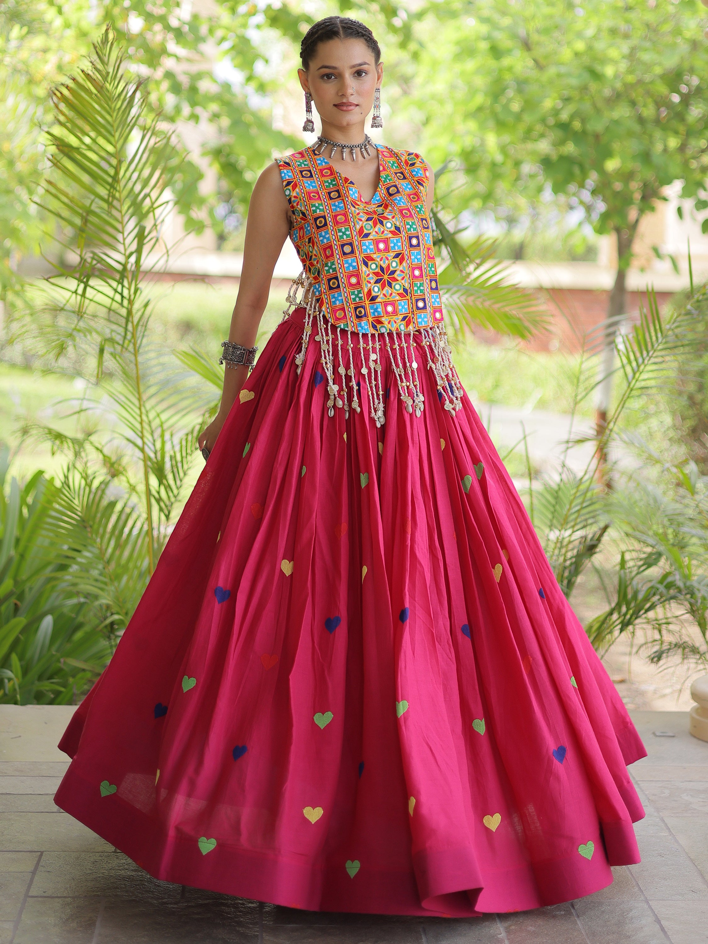 Magnificent Rani Pink Thread Work Cotton Navratri Wear Lehenga Choli