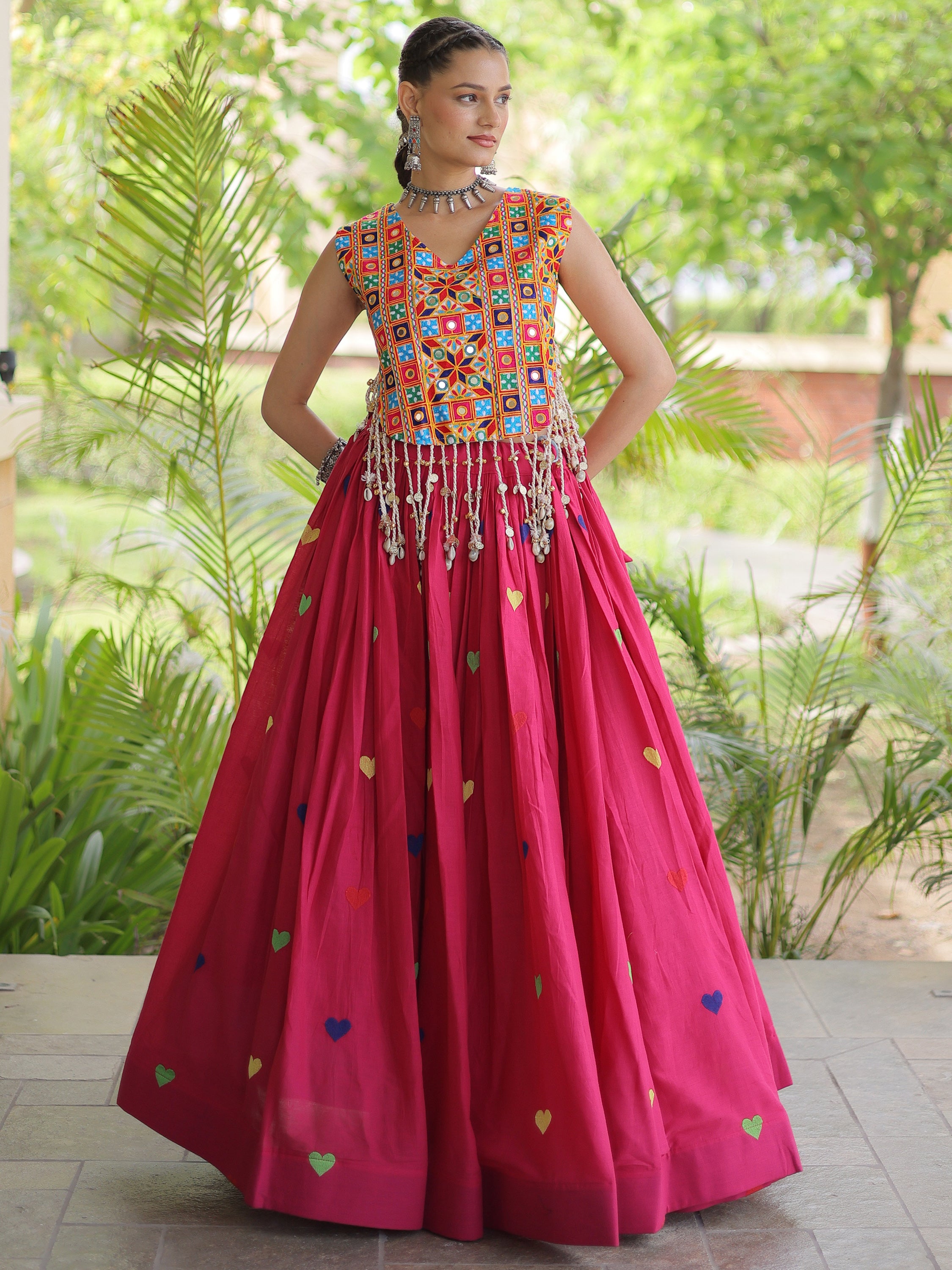 Magnificent Rani Pink Thread Work Cotton Navratri Wear Lehenga Choli