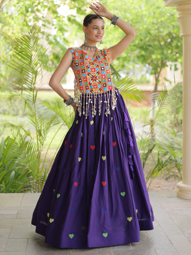 Majestic Purple Thread Work Cotton Navratri Wear Lehenga With Blouse