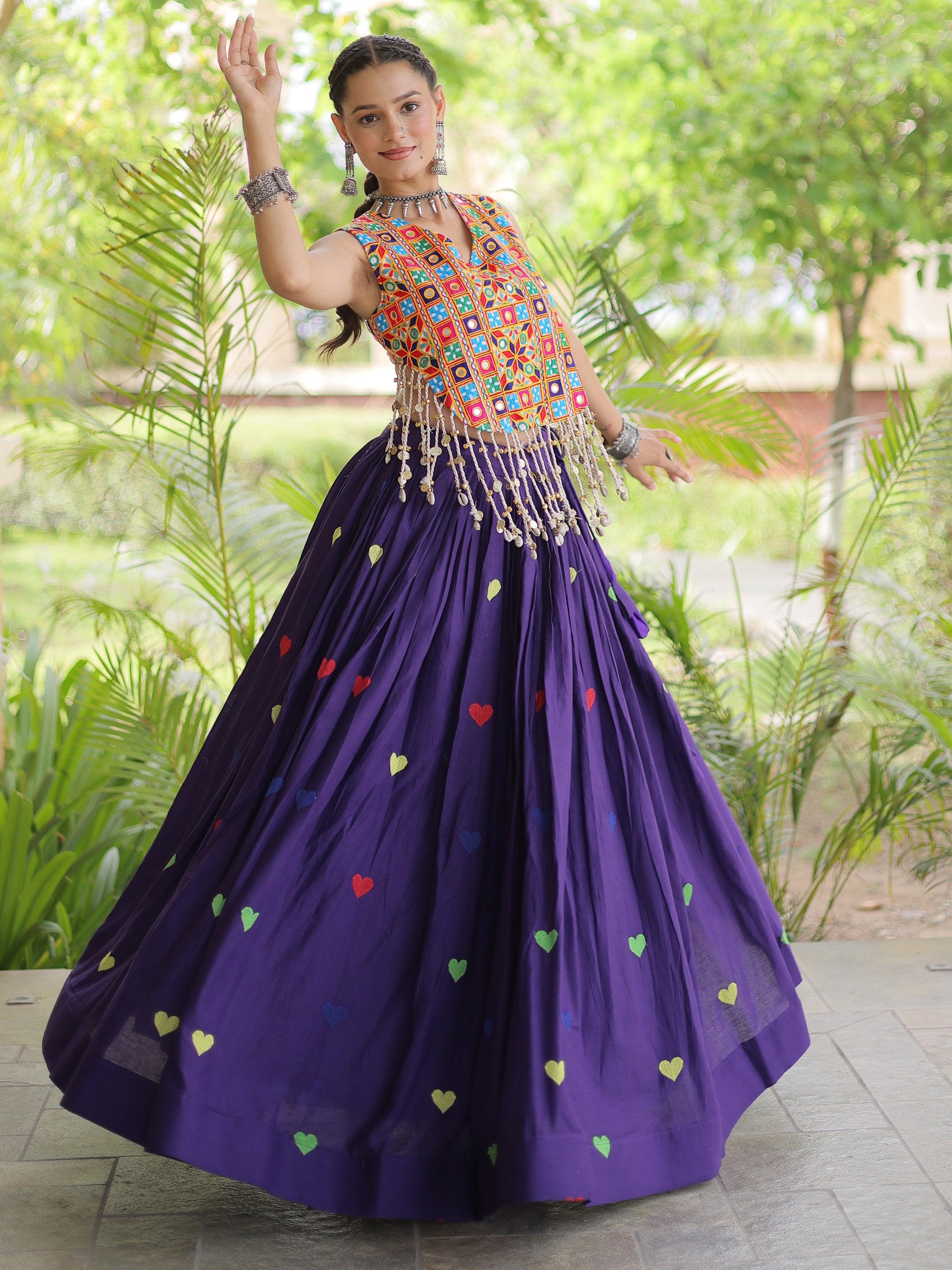 Majestic Purple Thread Work Cotton Navratri Wear Lehenga With Blouse