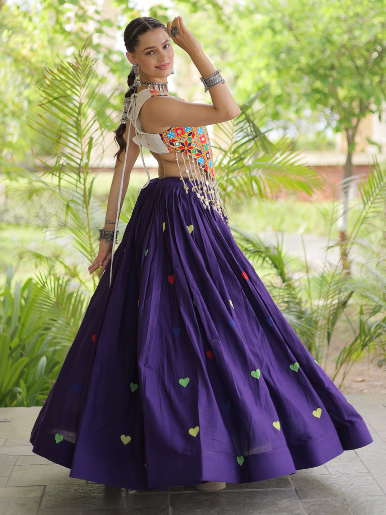 Majestic Purple Thread Work Cotton Navratri Wear Lehenga With Blouse