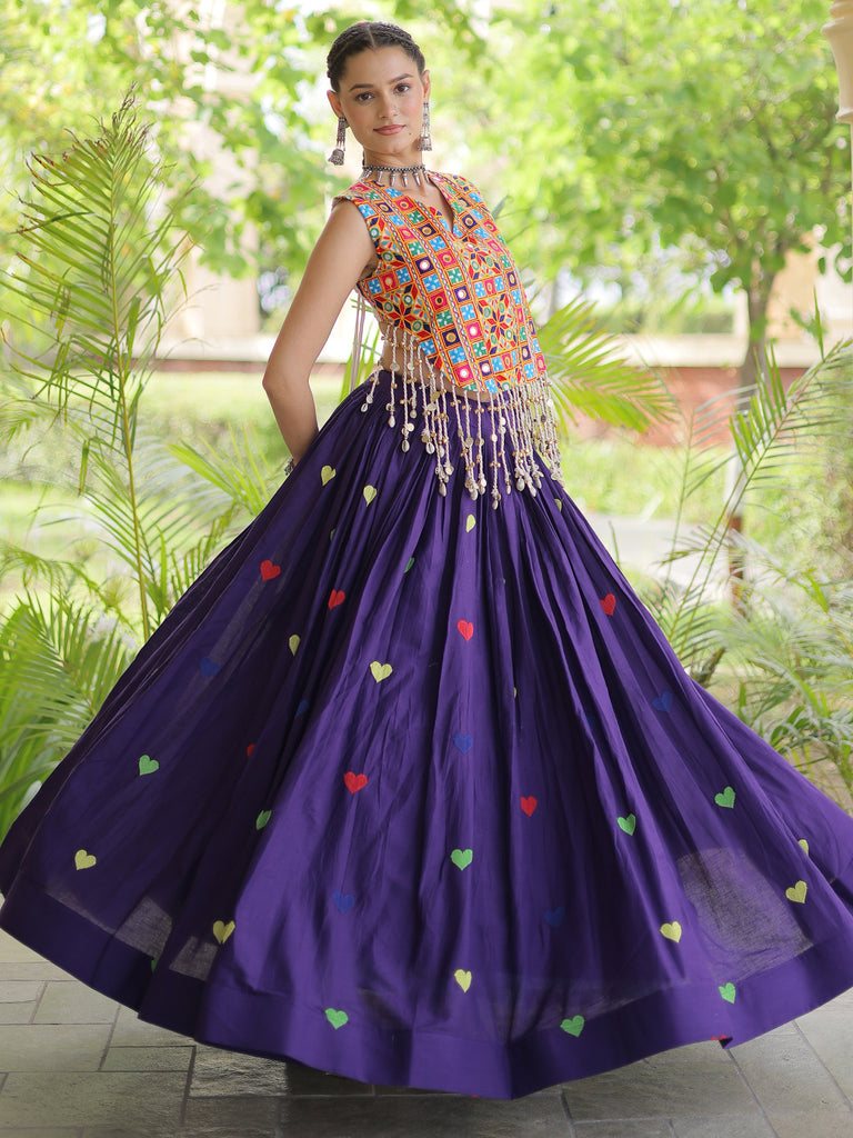 Majestic Purple Thread Work Cotton Navratri Wear Lehenga With Blouse