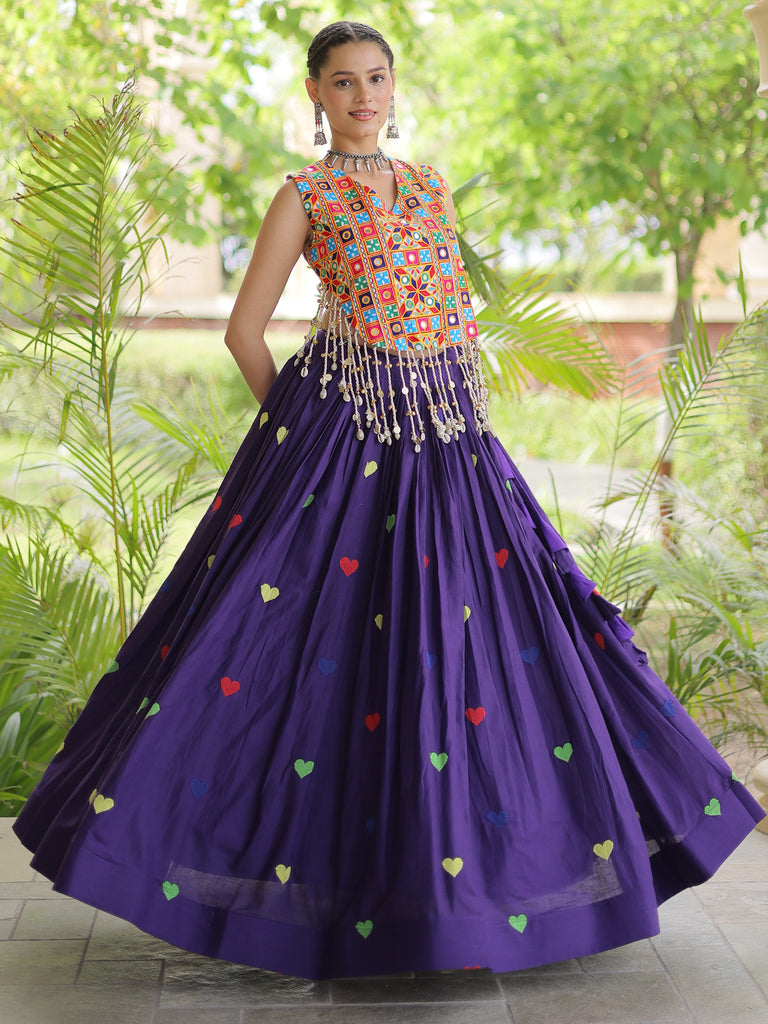 Majestic Purple Thread Work Cotton Navratri Wear Lehenga With Blouse