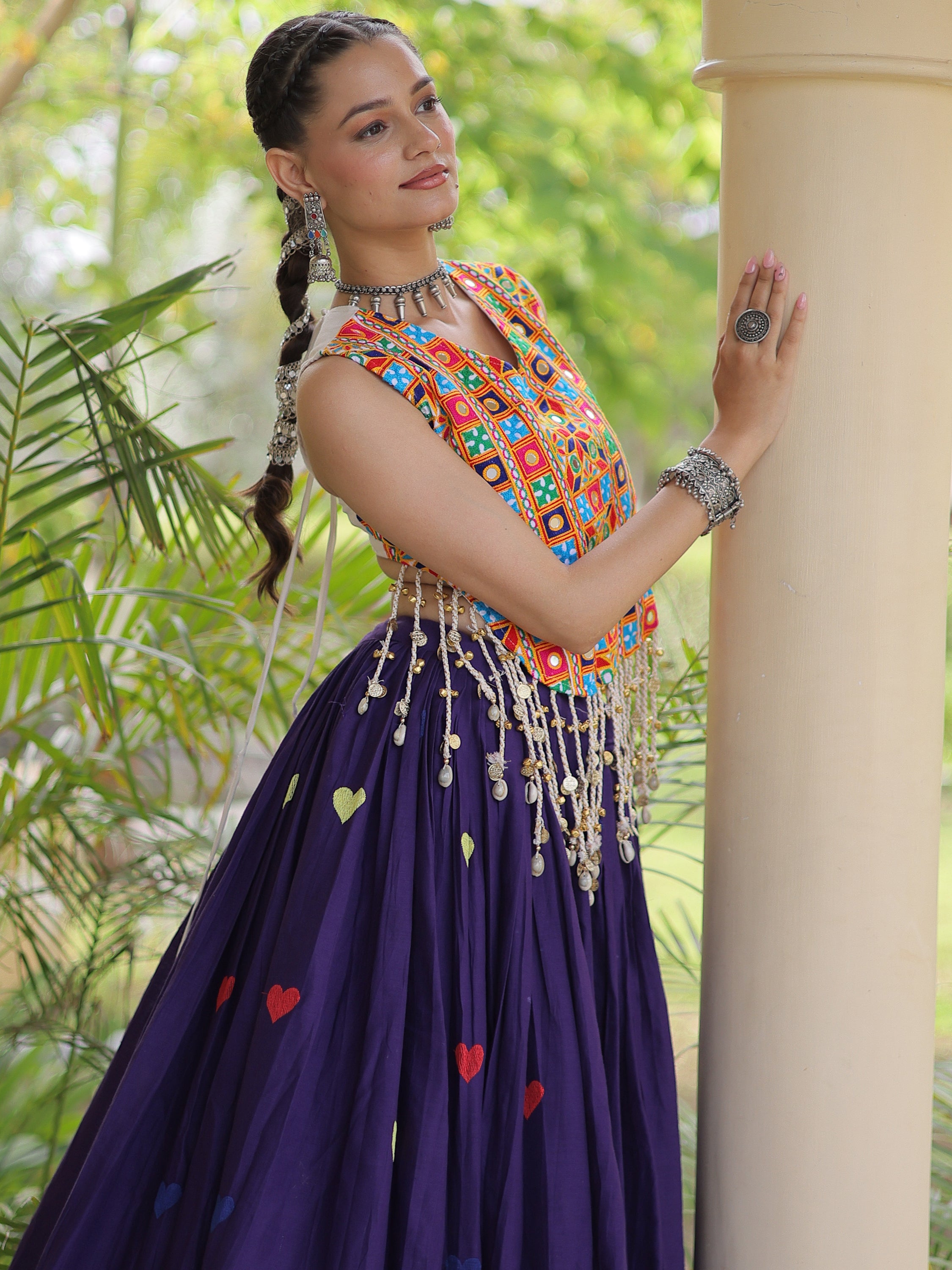 Majestic Purple Thread Work Cotton Navratri Wear Lehenga With Blouse