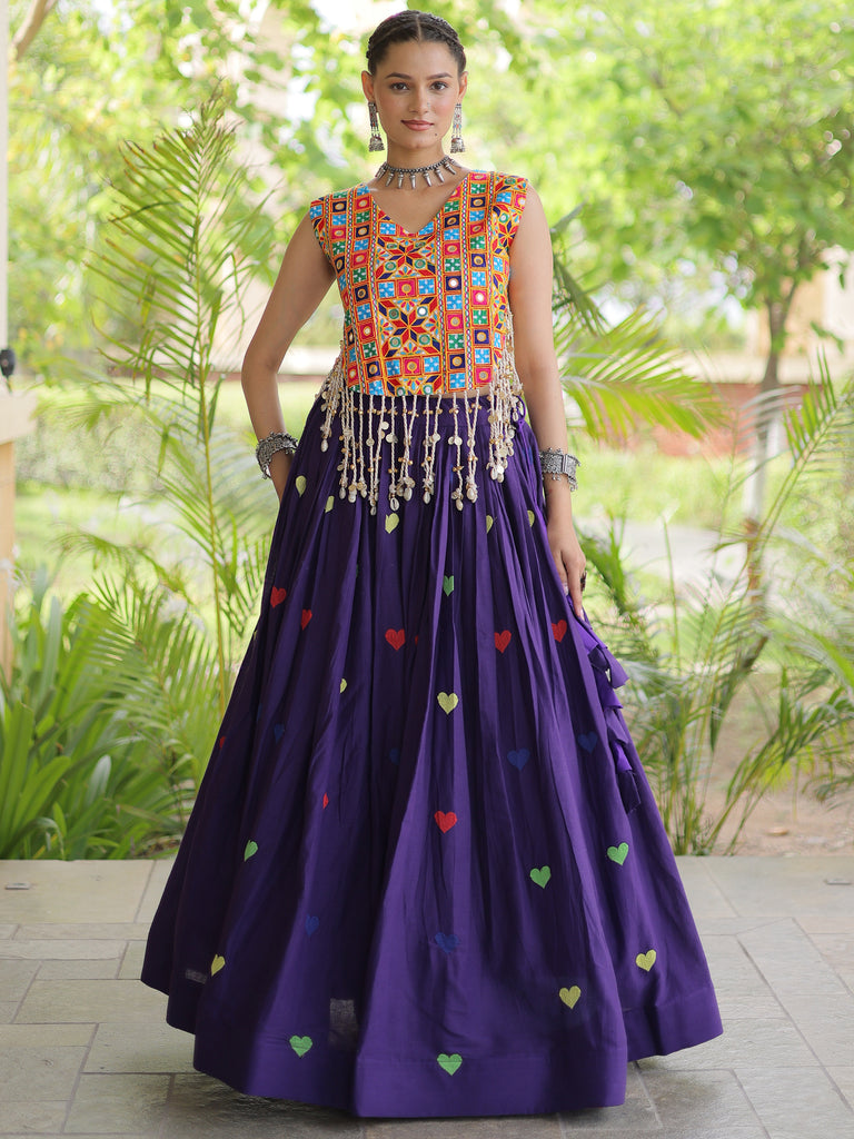 Majestic Purple Thread Work Cotton Navratri Wear Lehenga With Blouse