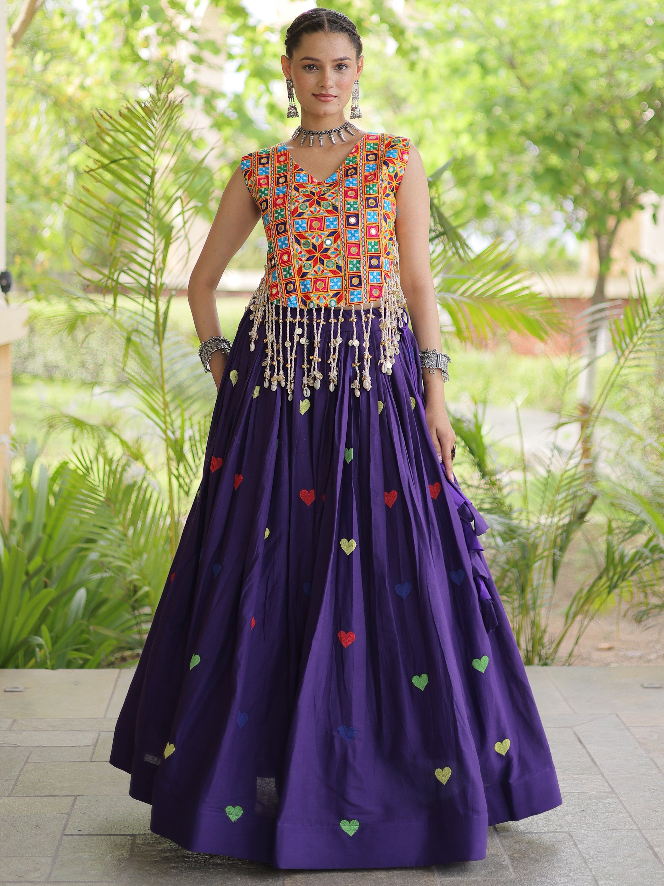 Majestic Purple Thread Work Cotton Navratri Wear Lehenga With Blouse