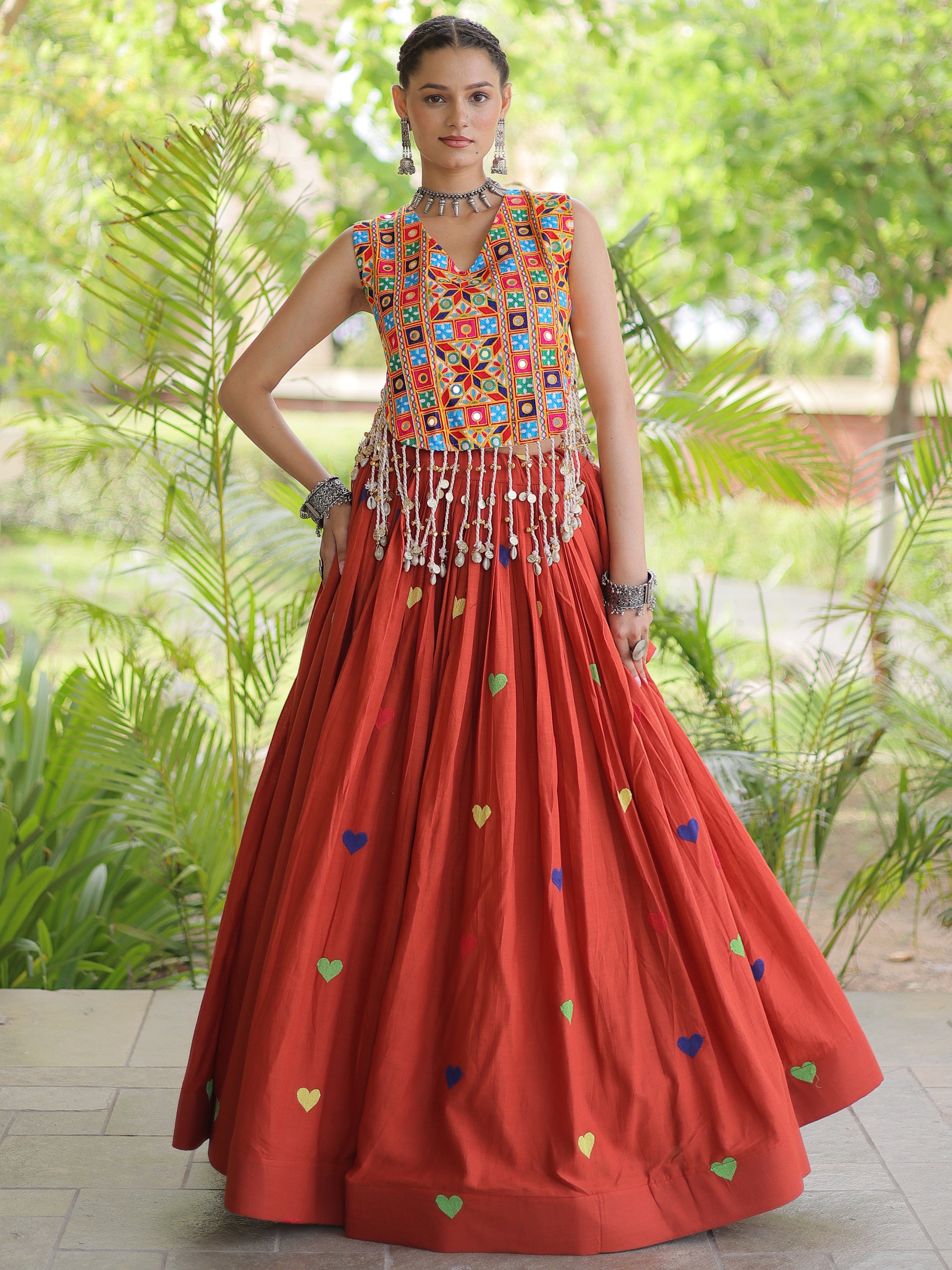 Superb Rust Orange Embroidered Cotton Navratri Special Lehenga Choli