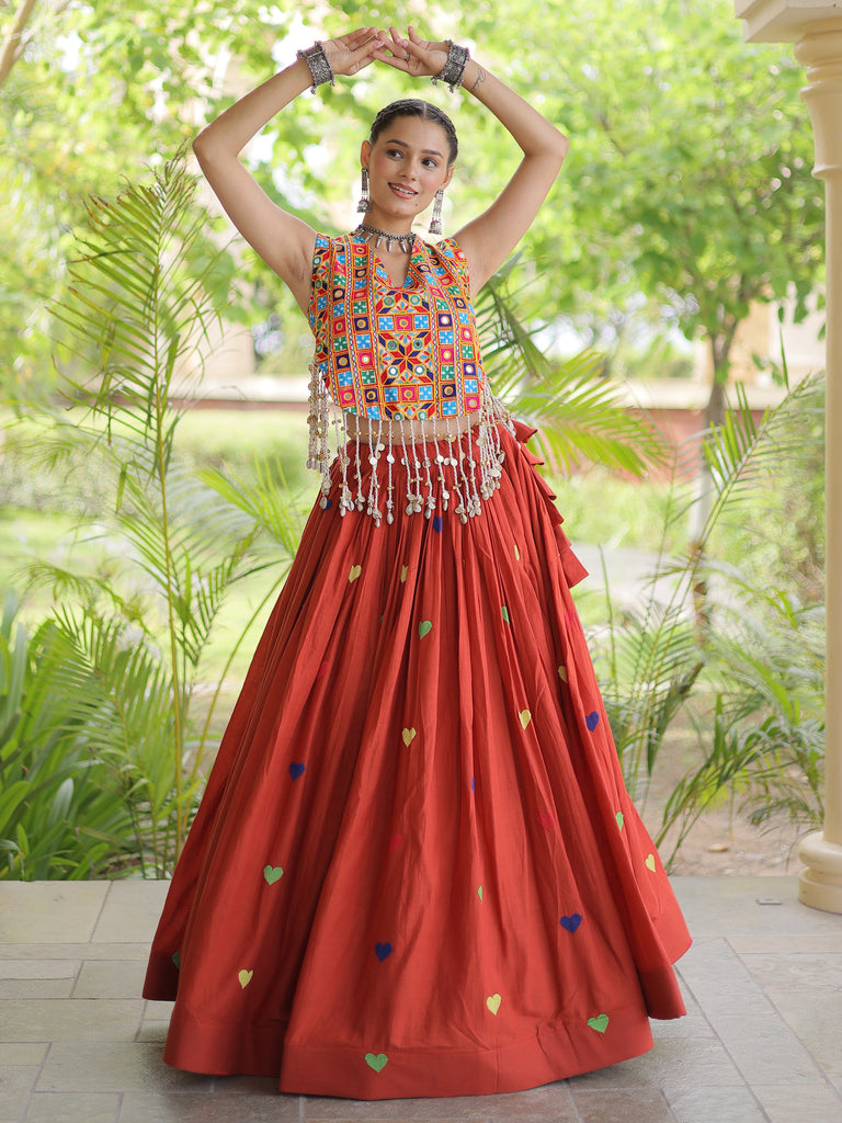 Superb Rust Orange Embroidered Cotton Navratri Special Lehenga Choli