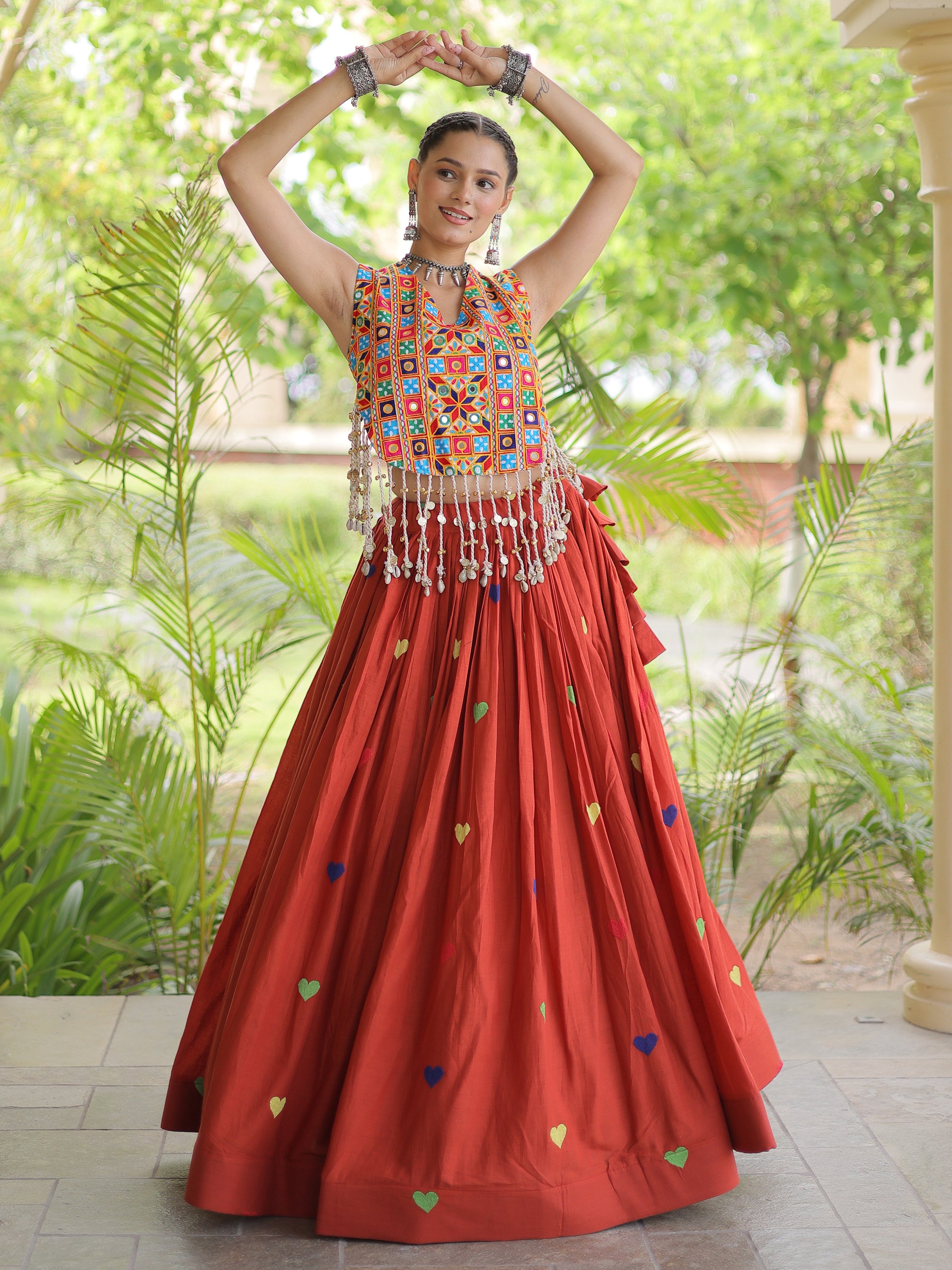 Superb Rust Orange Embroidered Cotton Navratri Special Lehenga Choli