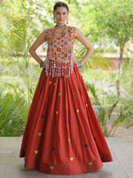 Superb Rust Orange Embroidered Cotton Navratri Special Lehenga Choli