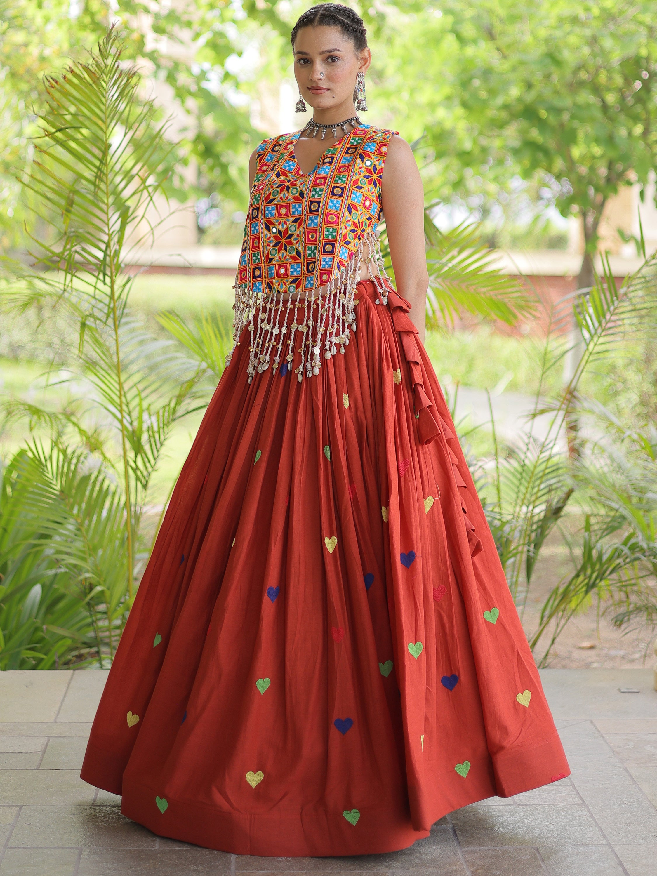 Superb Rust Orange Embroidered Cotton Navratri Special Lehenga Choli