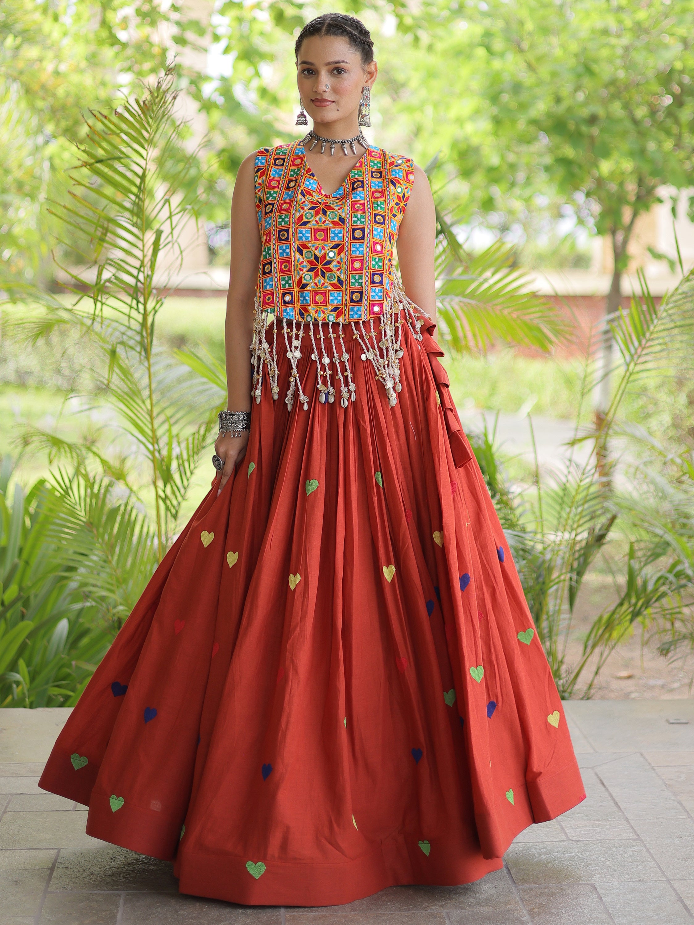 Superb Rust Orange Embroidered Cotton Navratri Special Lehenga Choli